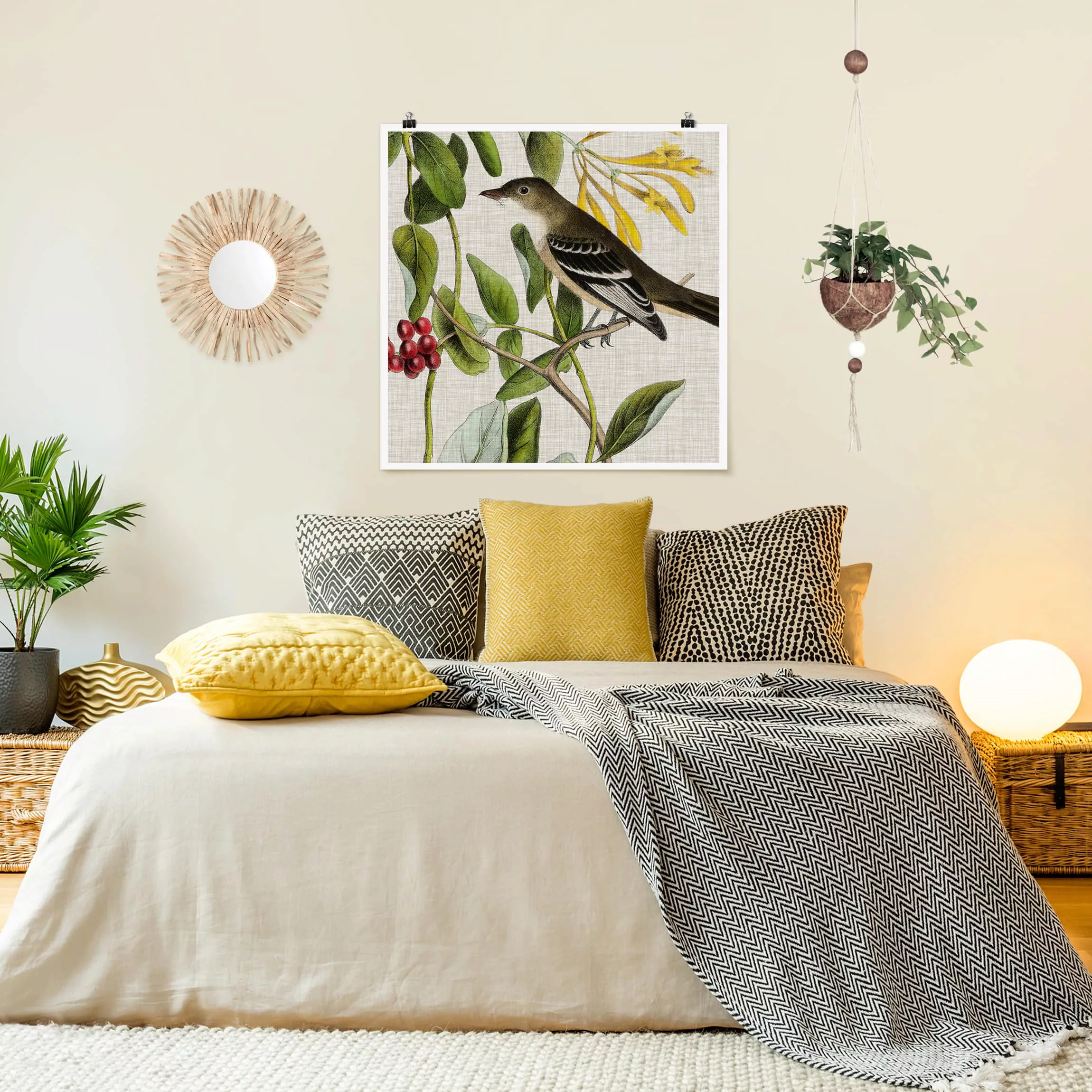 Poster Blumen - Quadrat Vogel auf Leinen Gelb II günstig online kaufen