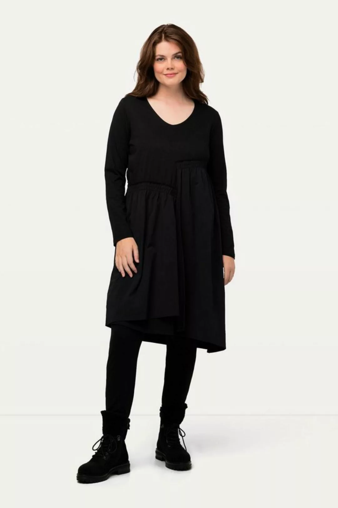 Ulla Popken Sommerkleid Midikeid asymmetrischer Rock V-Ausschnitt Langarm günstig online kaufen