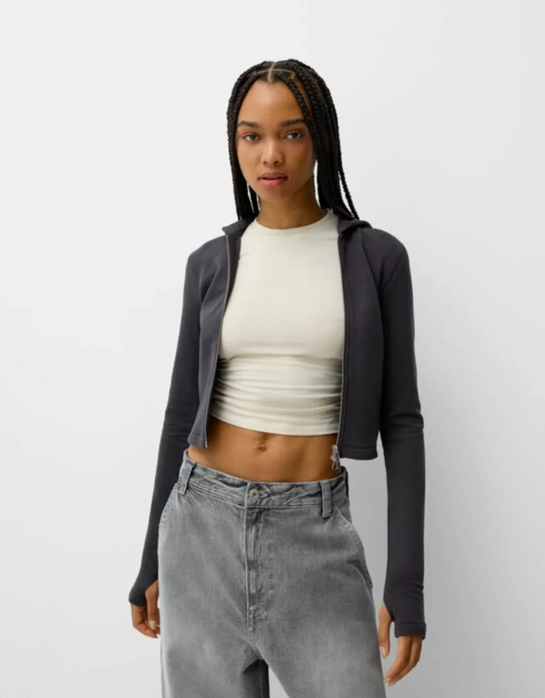 Bershka Hoodie Mit Reißverschluss Und Kapuze Damen Xs Grau günstig online kaufen