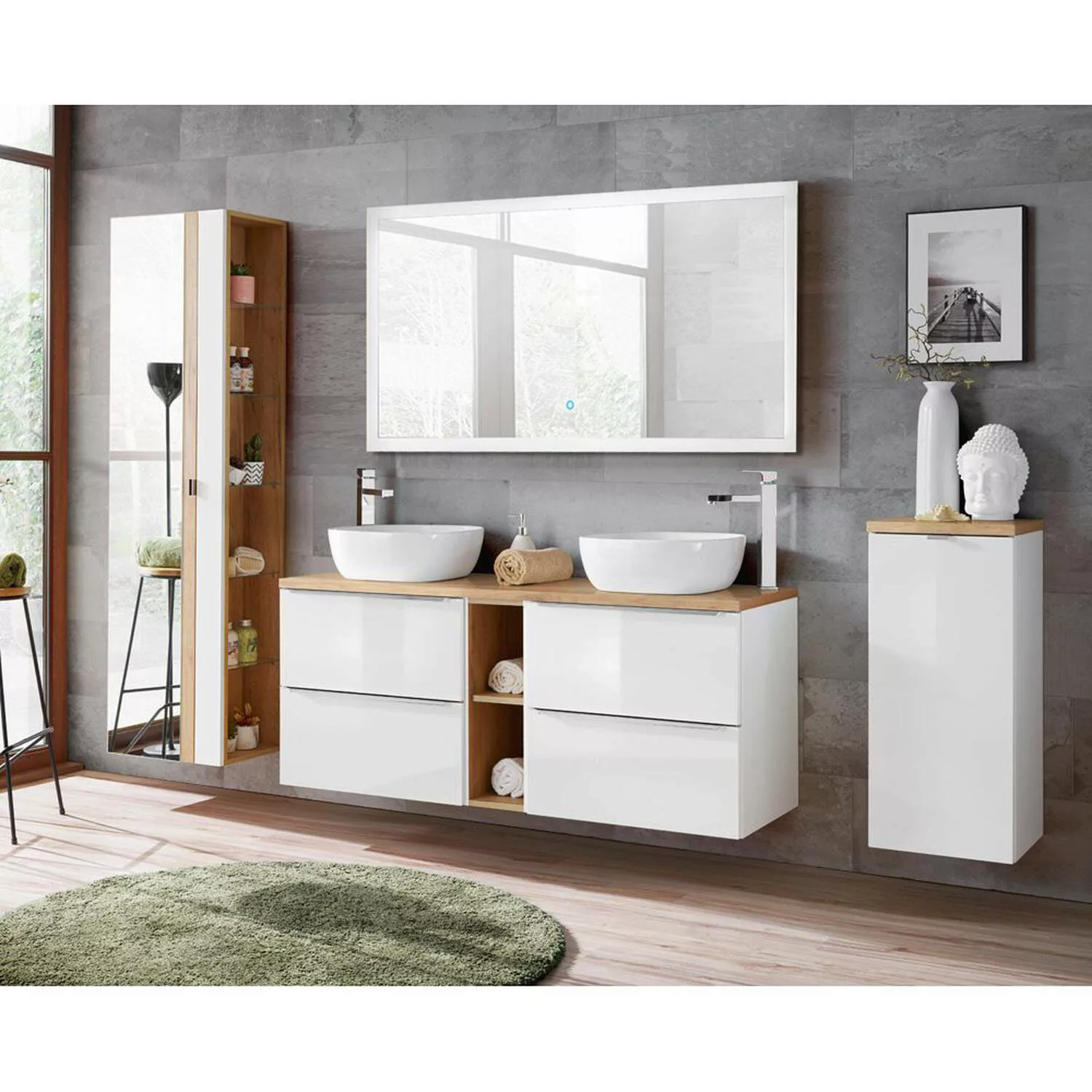 Badmöbel Set mit Doppel-Waschtisch und 140cm LED-Spiegel TOSKANA-56 Hochgla günstig online kaufen
