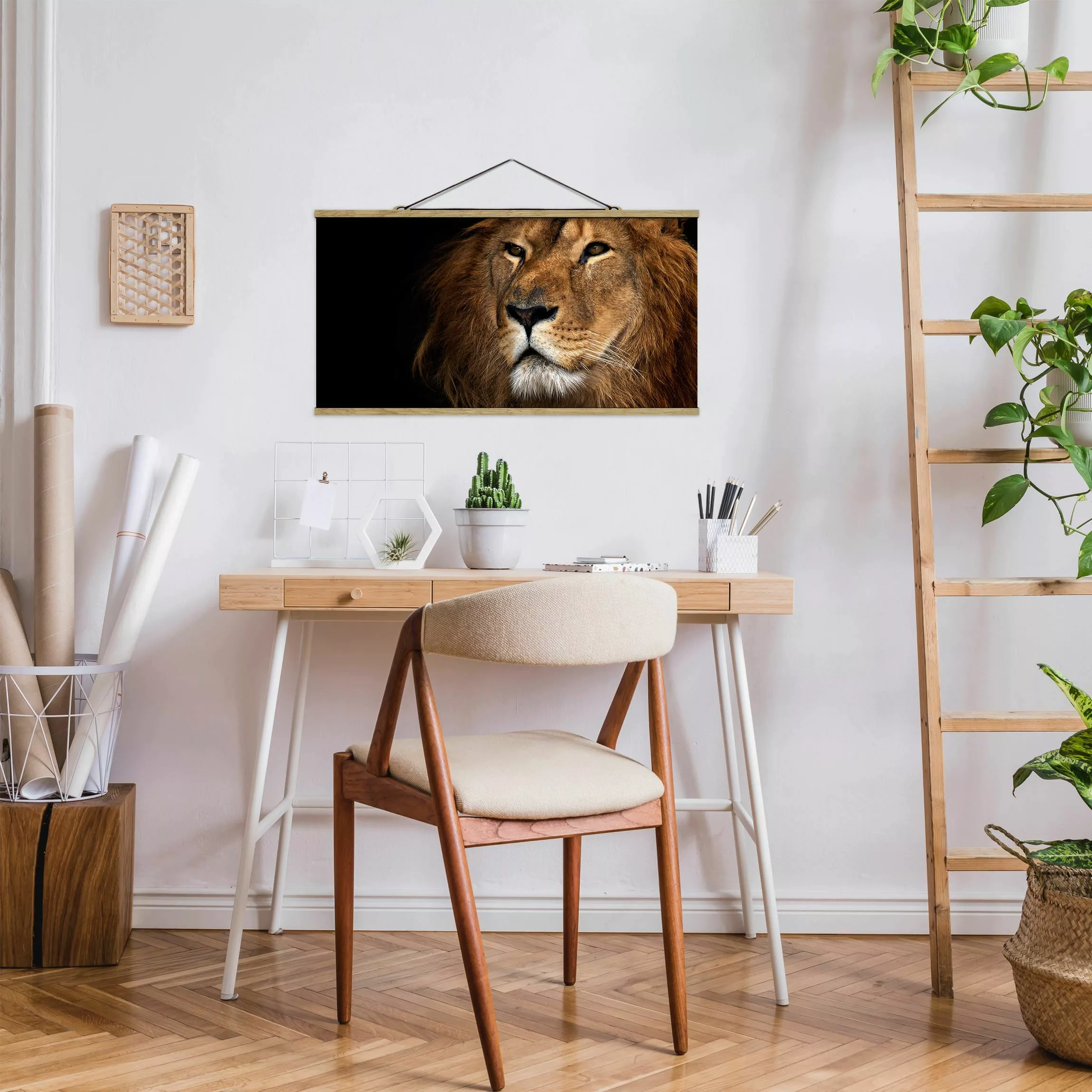 Stoffbild Tiere mit Posterleisten - Querformat Löwenblick günstig online kaufen