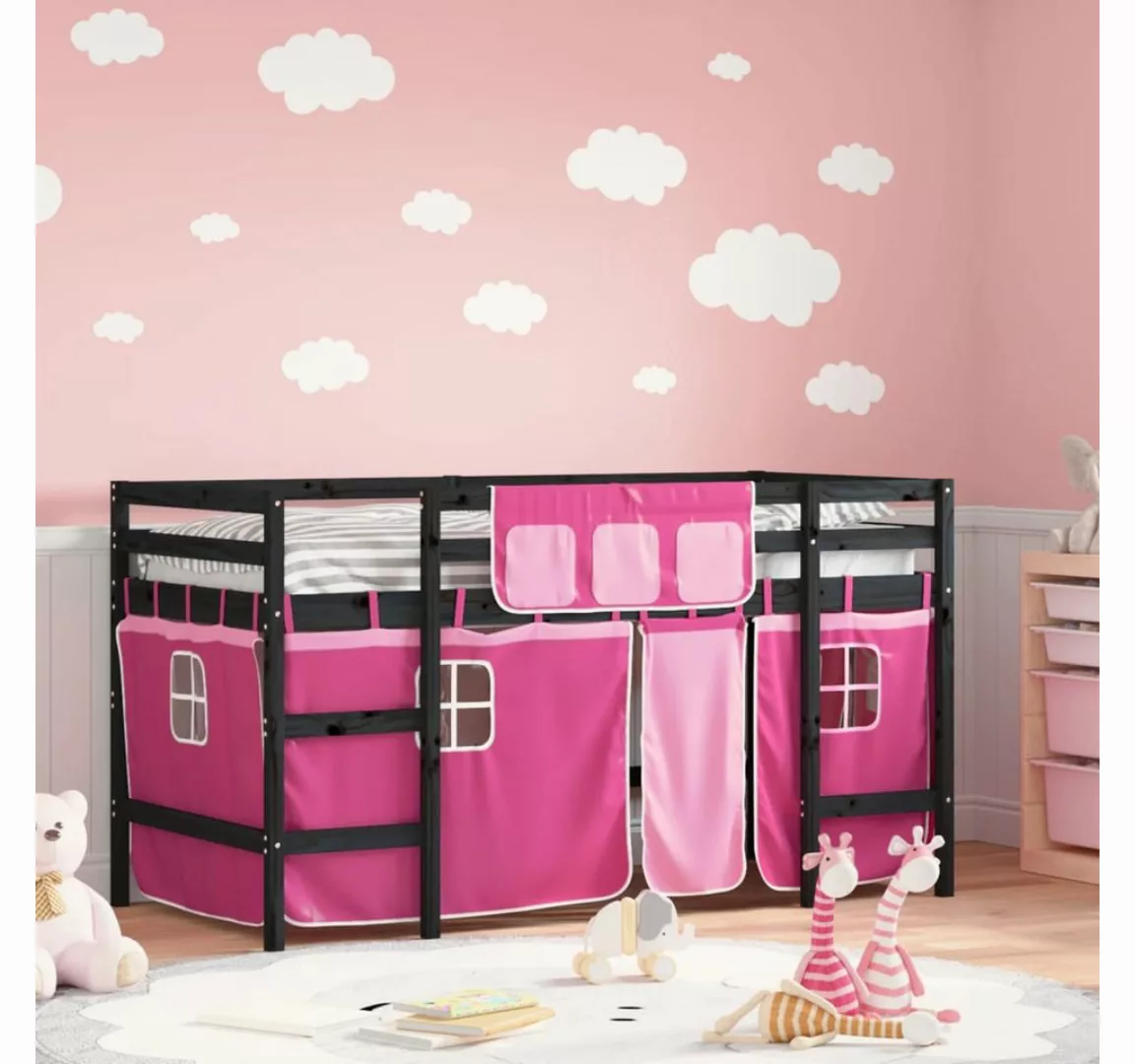 vidaXL Kinderbett Kinderhochbett mit Vorhängen Rosa 90x200 cm Massivholz Ki günstig online kaufen