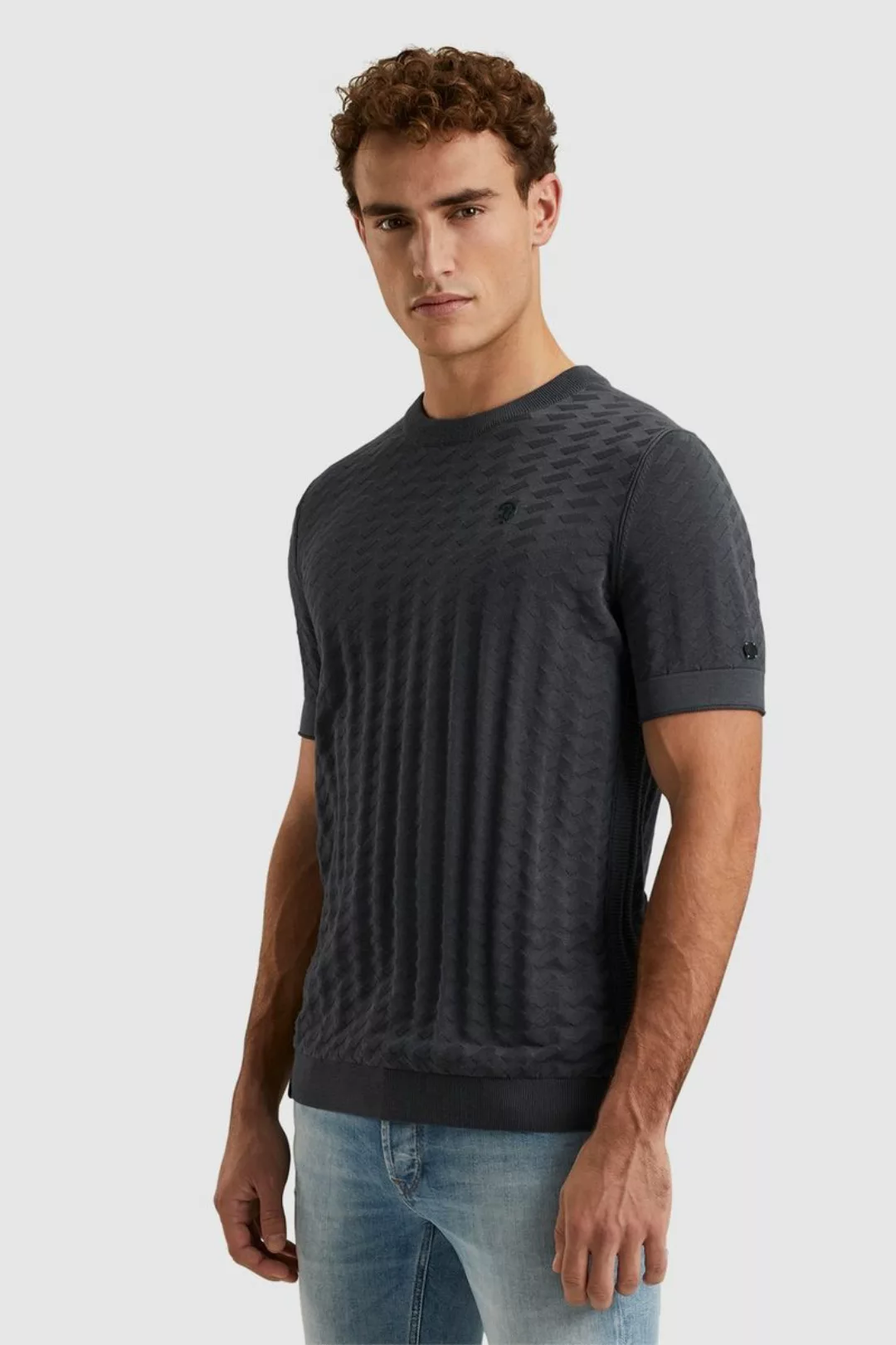Cast Iron Knitted T-shirt Struktur Navy - Größe L günstig online kaufen