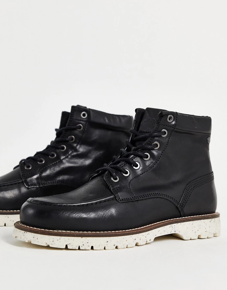 Jack & Jones – Schwarze Schnürstiefel aus Leder mit Kontrastsohle günstig online kaufen