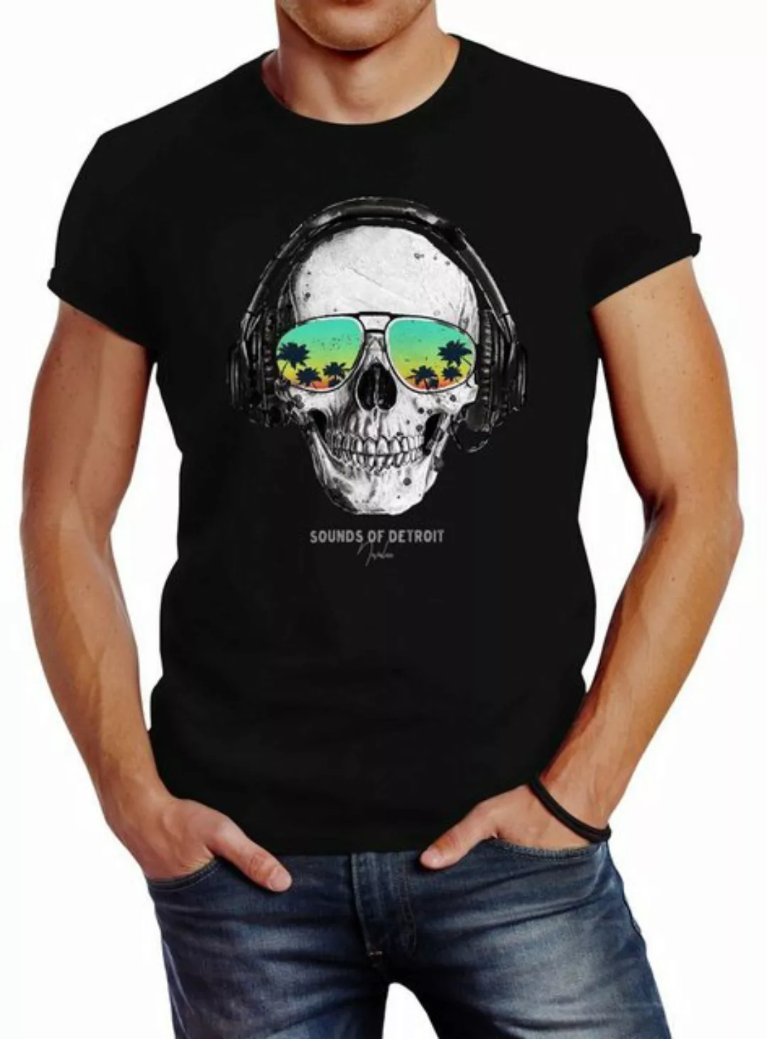 Neverless Print-Shirt Herren T-Shirt Totenkopf Kopfhörer Musik Party Skull günstig online kaufen