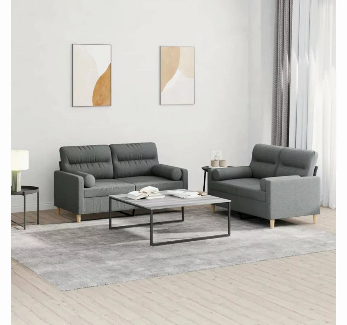 vidaXL Sofa Sofagarnitur Set mit Kissen Stoff, 2-tlg., Dunkelgrau günstig online kaufen