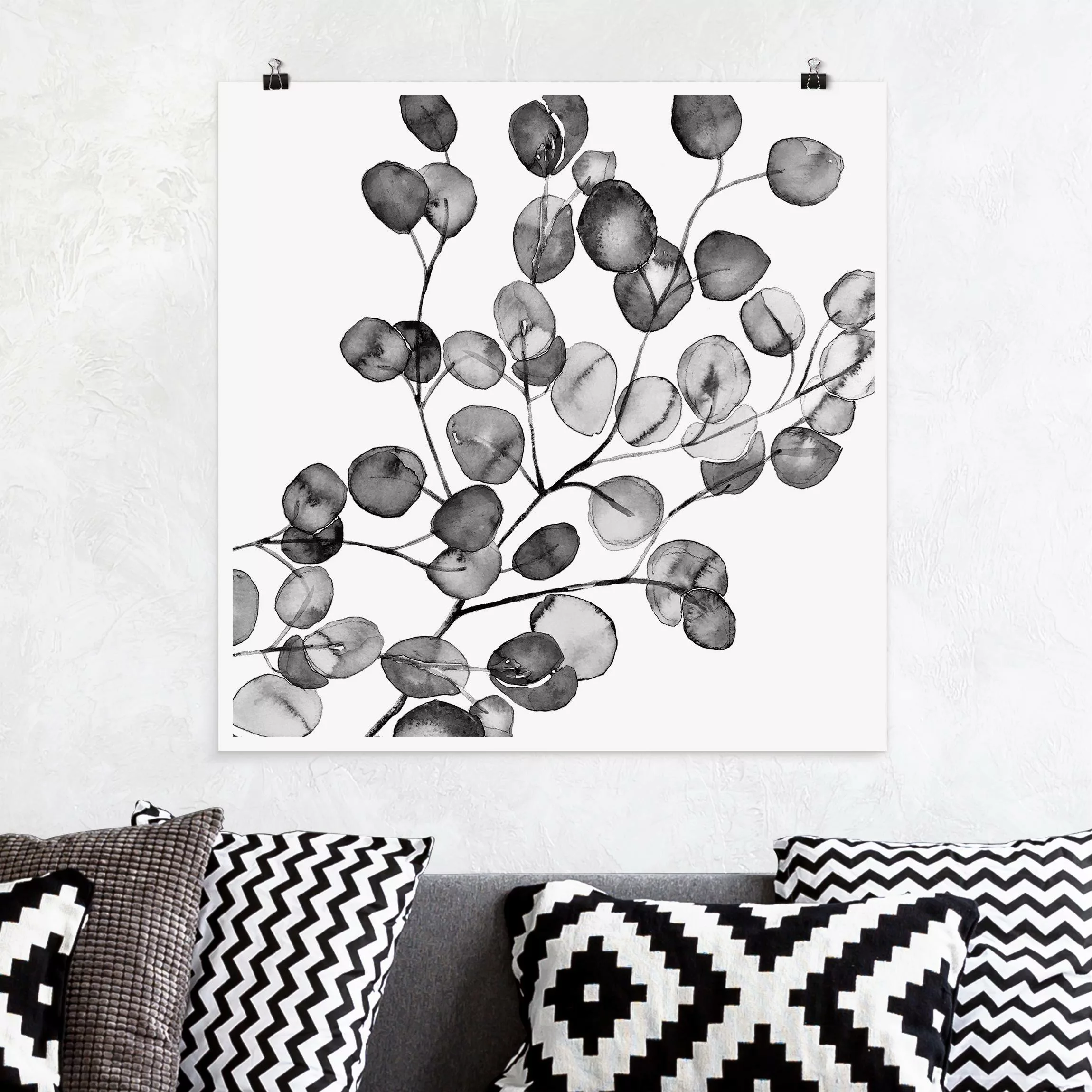 Poster Schwarz Weiß Aquarell Eukalyptuszweig günstig online kaufen