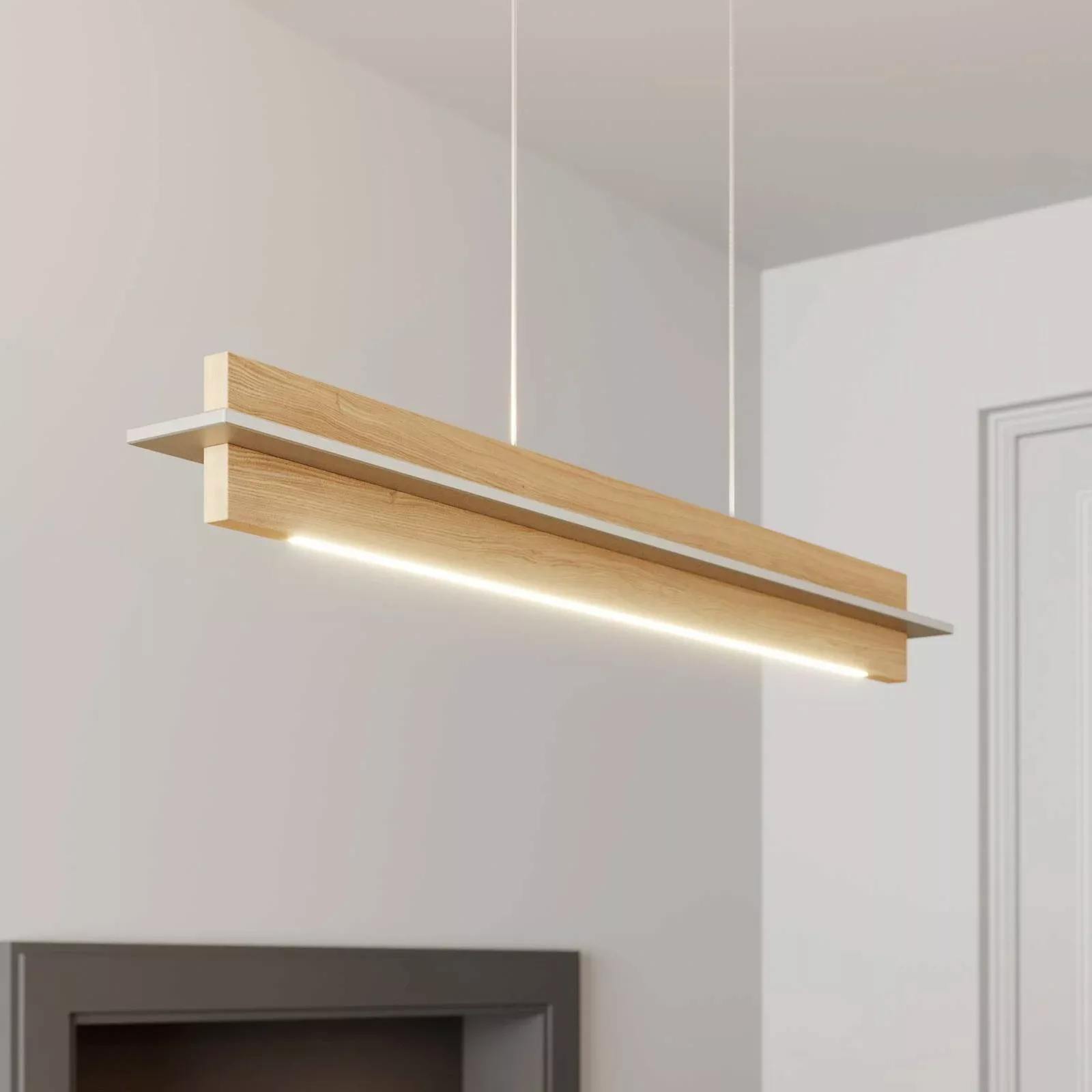 Quitani LED-Pendellampe Lexa, eiche/nickel, Länge 78 cm günstig online kaufen