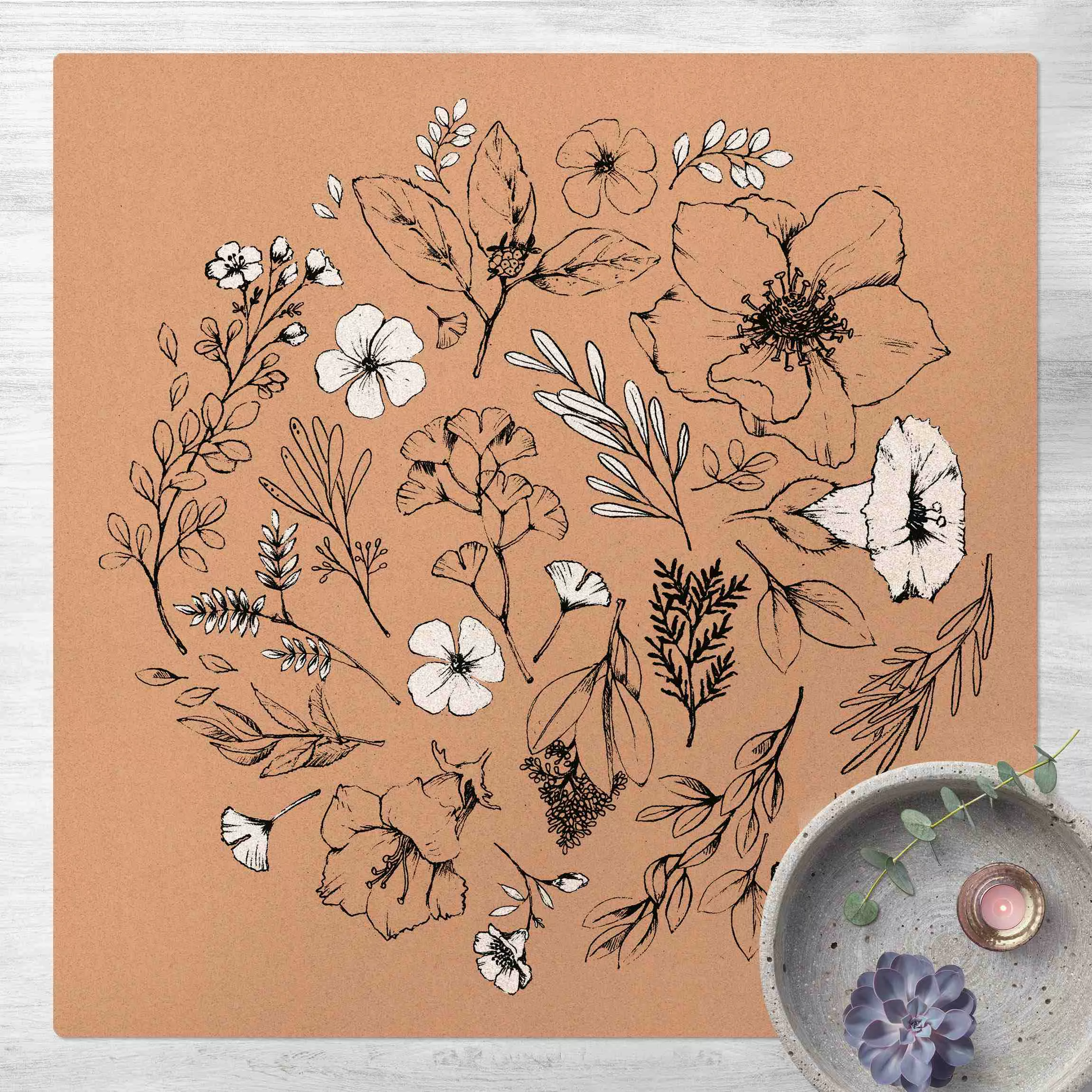 Kork-Teppich Gezeichnete florale Elemente Weiß partiell günstig online kaufen