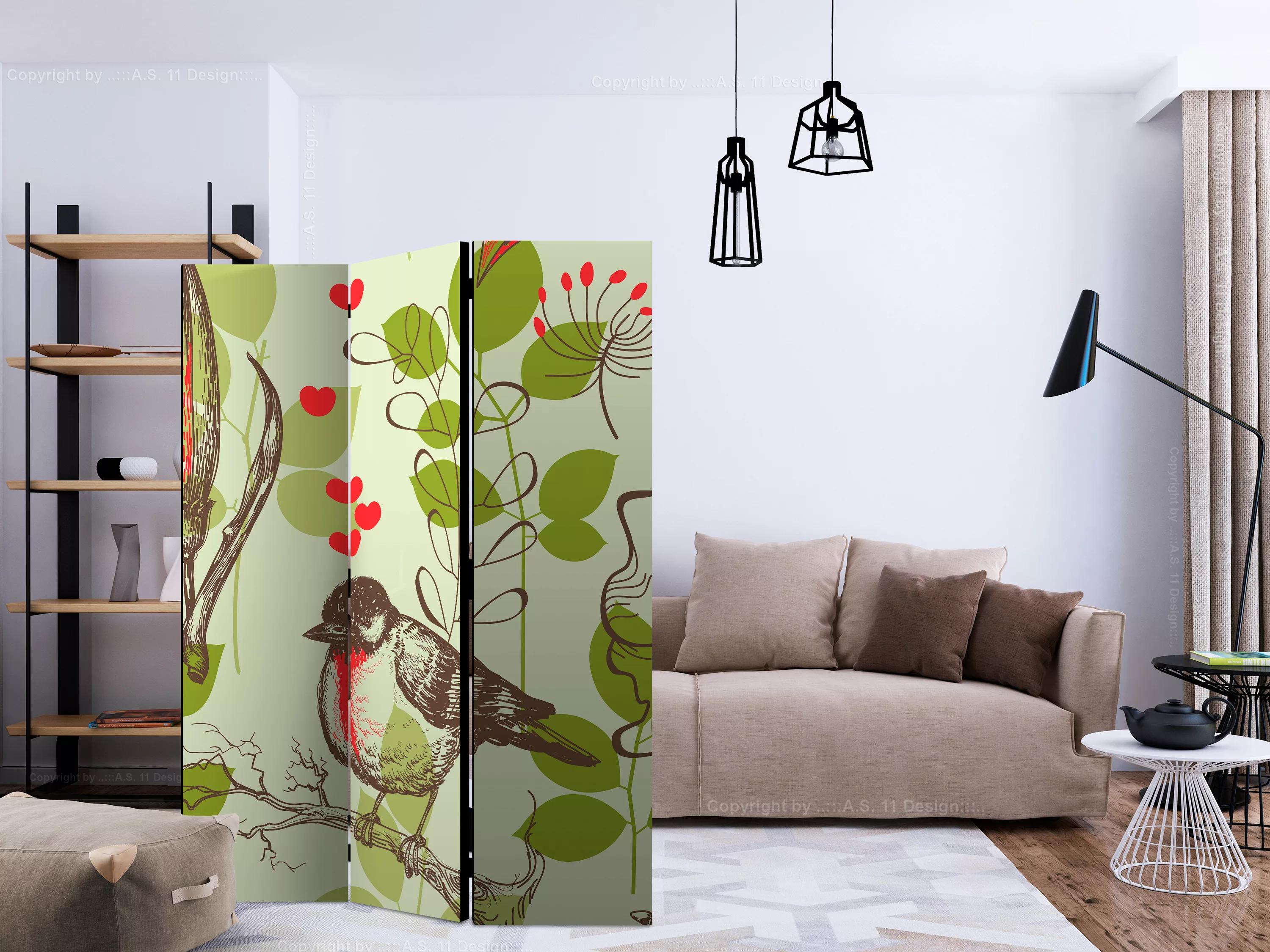 3-teiliges Paravent - Bird And Lilies Vintage Pattern [room Dividers] günstig online kaufen