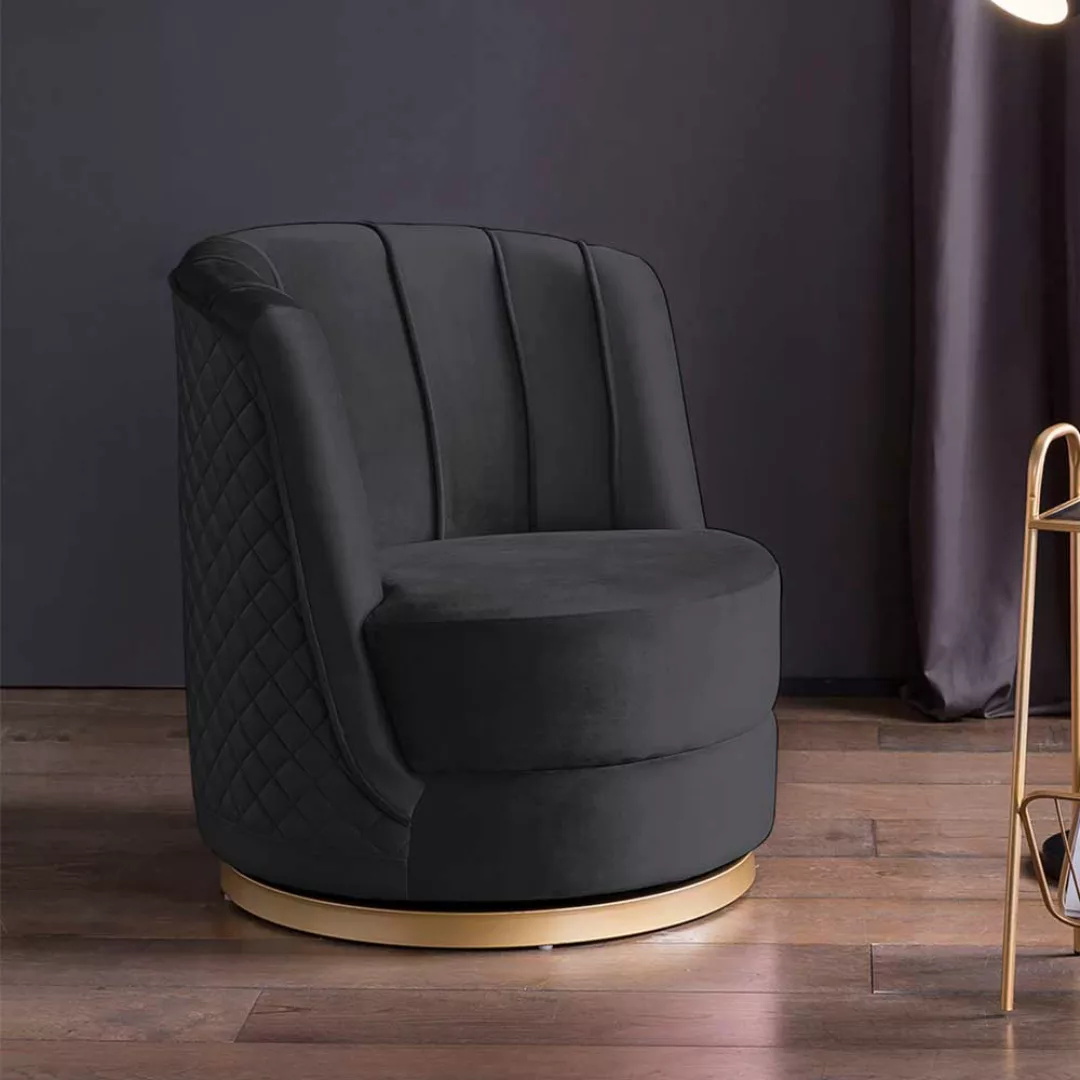 Lounge Sessel drehbar Samt in Schwarz und Goldfarben Retrostil günstig online kaufen