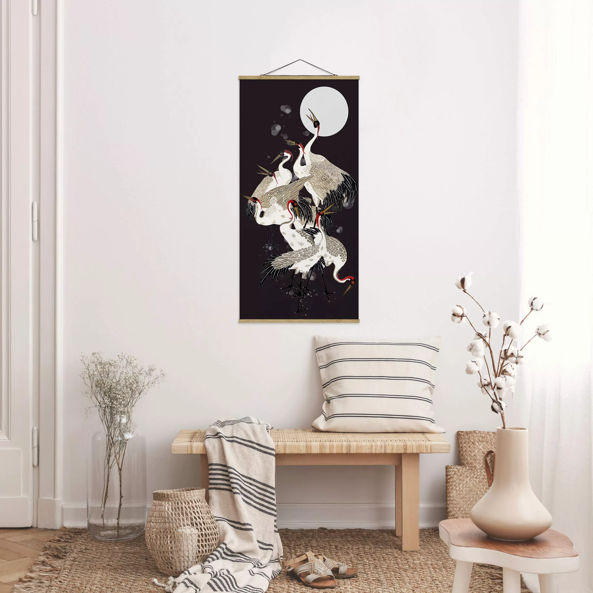 Stoffbild Tiere mit Posterleisten - Hochformat Kraniche vor Mond II günstig online kaufen