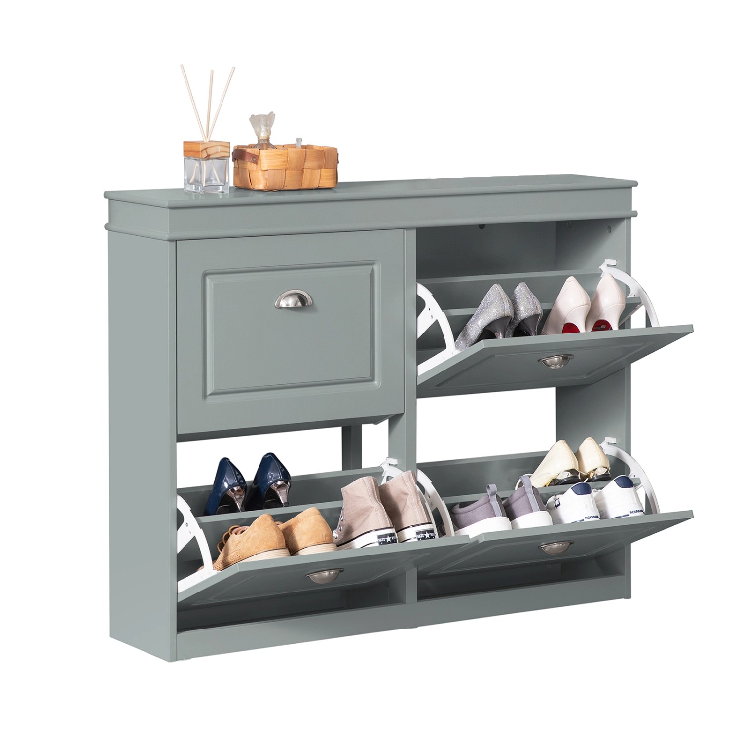 SoBuy Schuhschrank mit 4 Klappen Schuhkipper Schuhkommode Hellgrau FSR79-HG günstig online kaufen