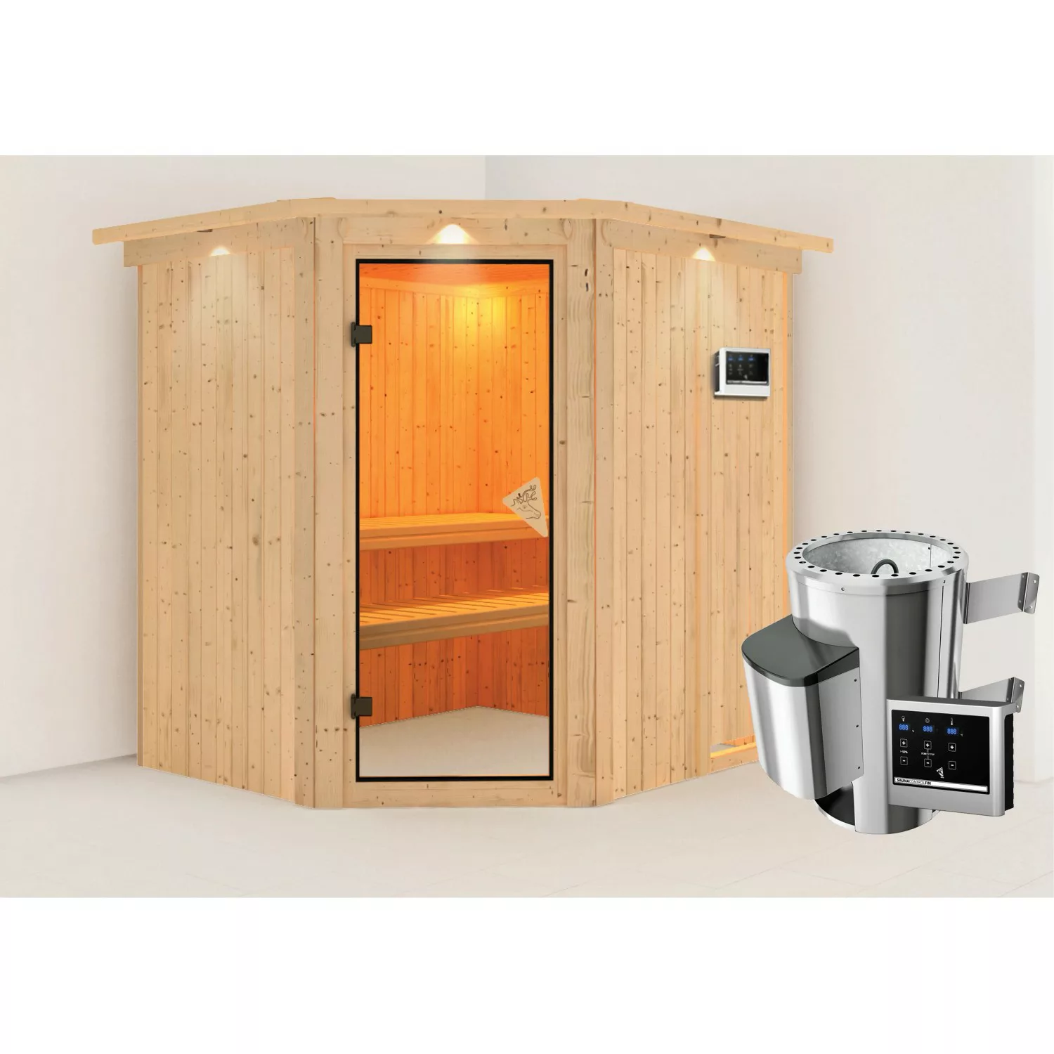 Karibu Sauna Livia mit Ofen externe Stg.LED-Dachkranz Natur günstig online kaufen