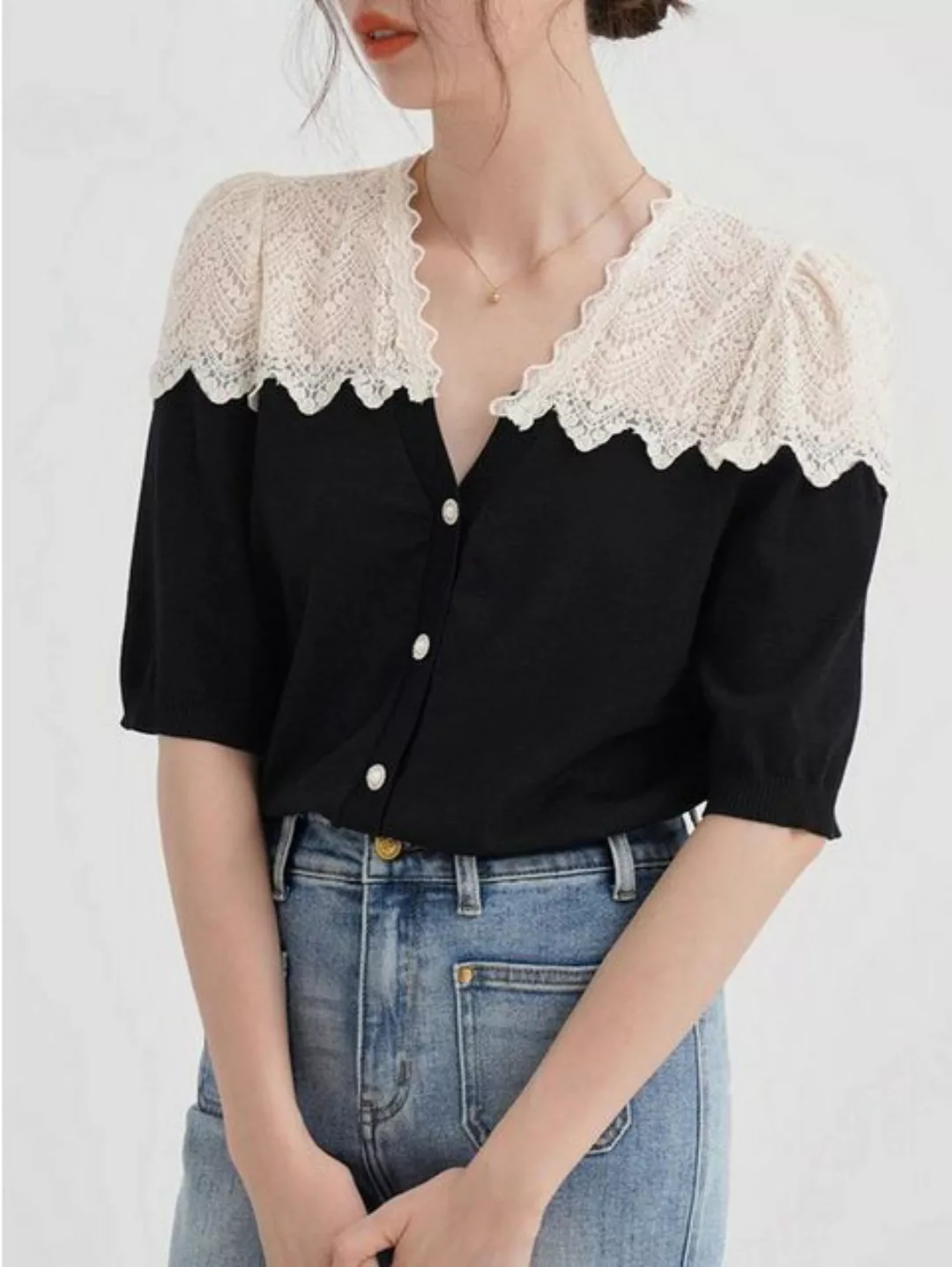RUZU UG Blusentop Hochwertiges schwarzes Kurzarmhemd für Damen mit Sommerte günstig online kaufen