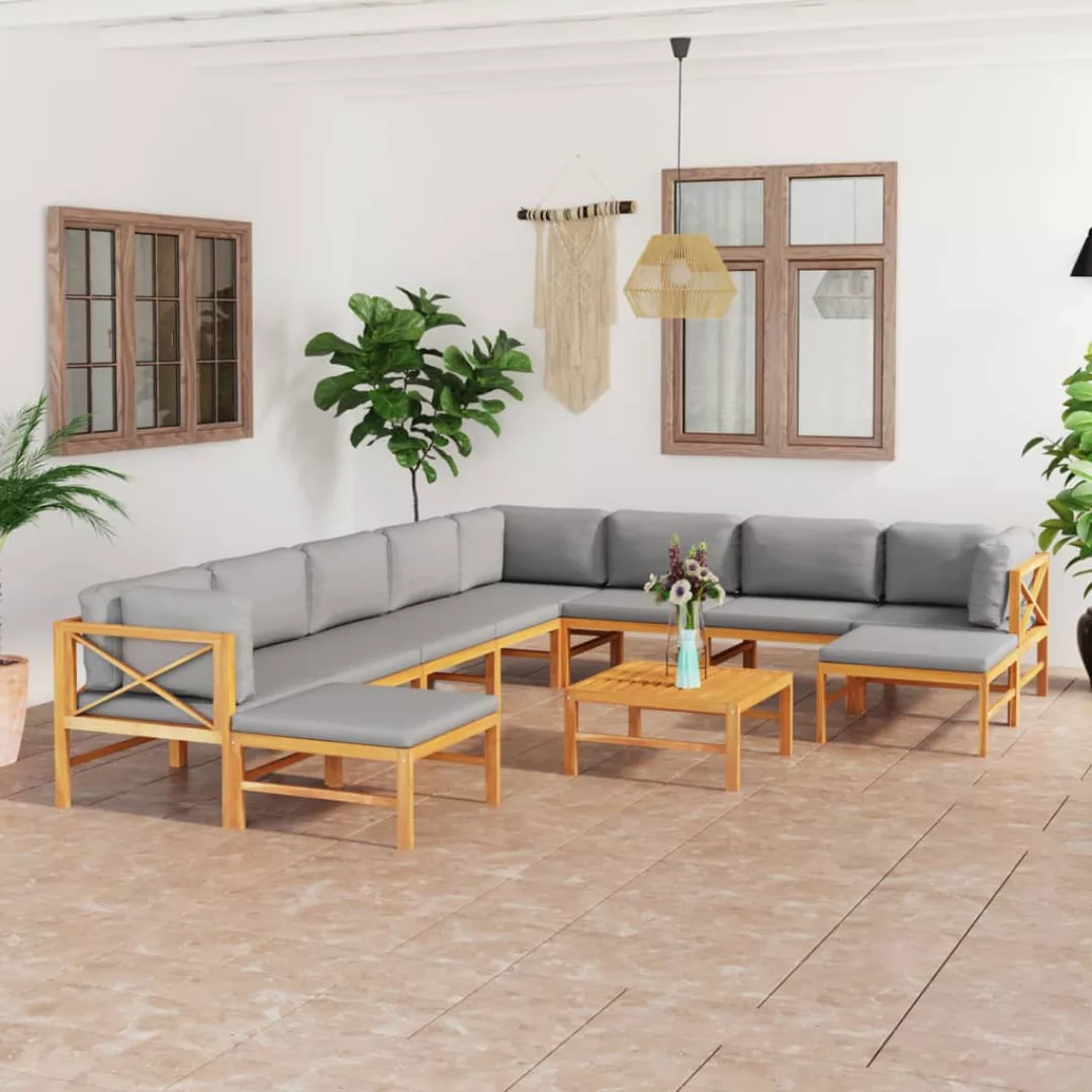 11-tlg. Garten-lounge-set Mit Grauen Kissen Massivholz Teak günstig online kaufen