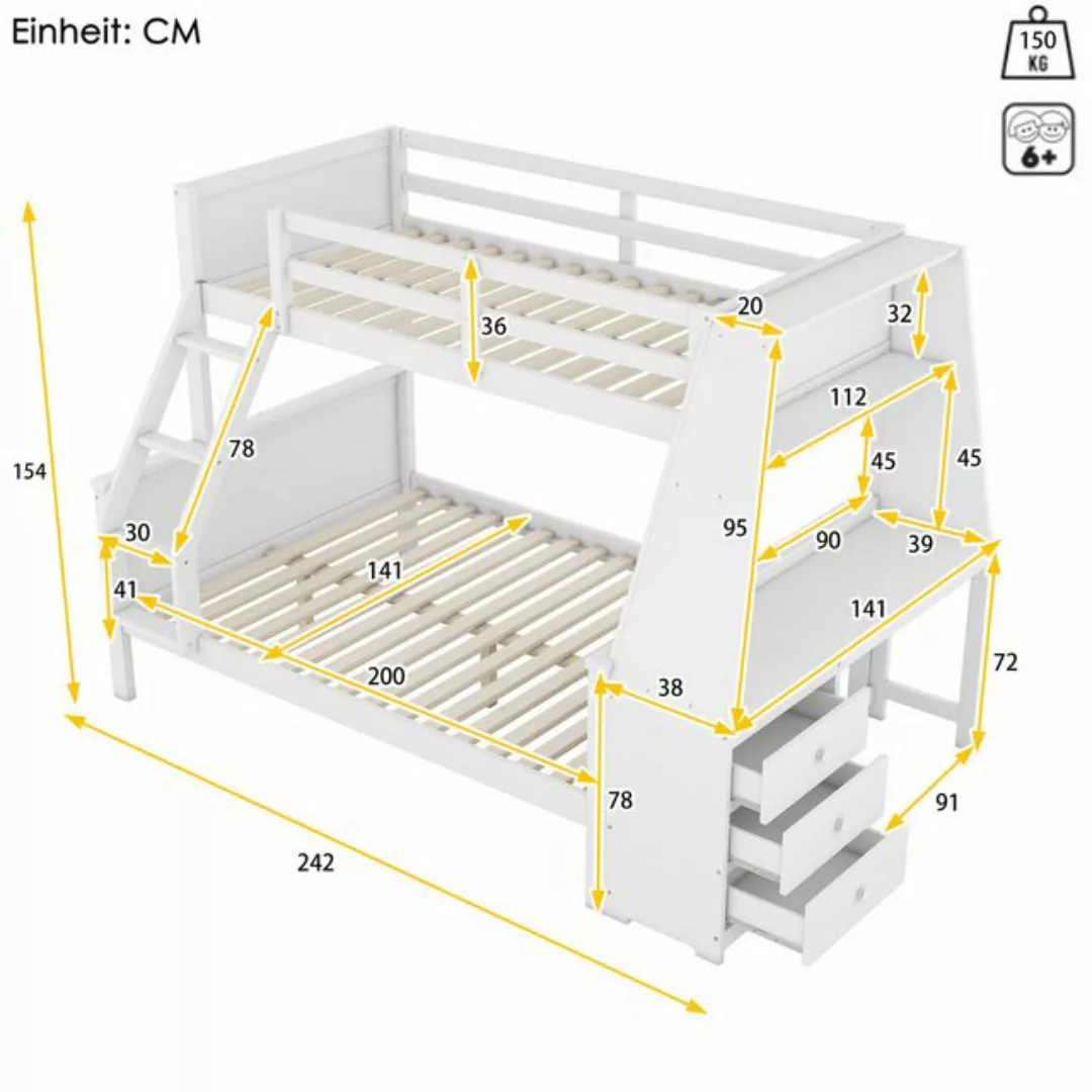 SOFTWEARY Etagenbett mit 2 Liegeflächen, Schreibtisch und Rausfallschutz (9 günstig online kaufen