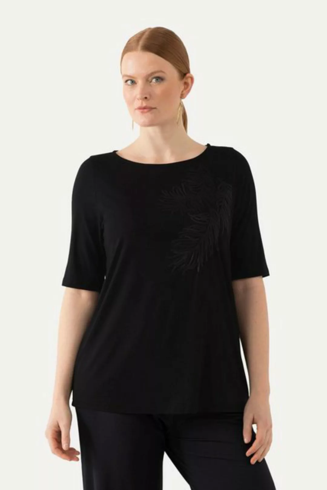 Ulla Popken T-Shirt T-Shirt Pailletten-Blatt U-Boot-Ausschnitt Halbarm günstig online kaufen