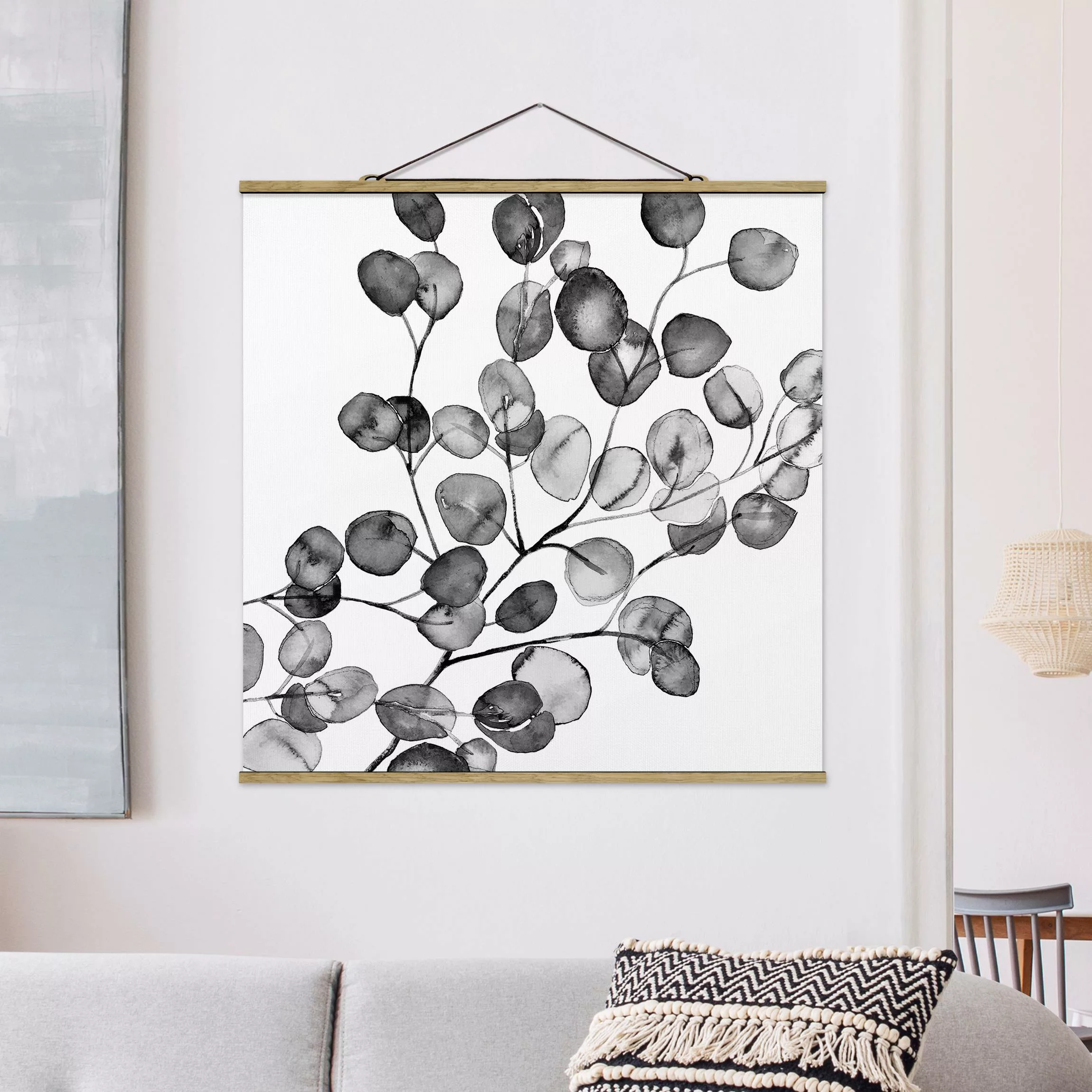 Stoffbild mit Posterleisten Schwarz Weiß Aquarell Eukalyptuszweig günstig online kaufen