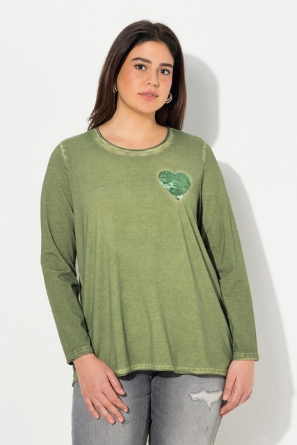 Ulla Popken Rundhalsshirt Shirt cold dyed Pailletten-Herz V-Ausschnitt günstig online kaufen