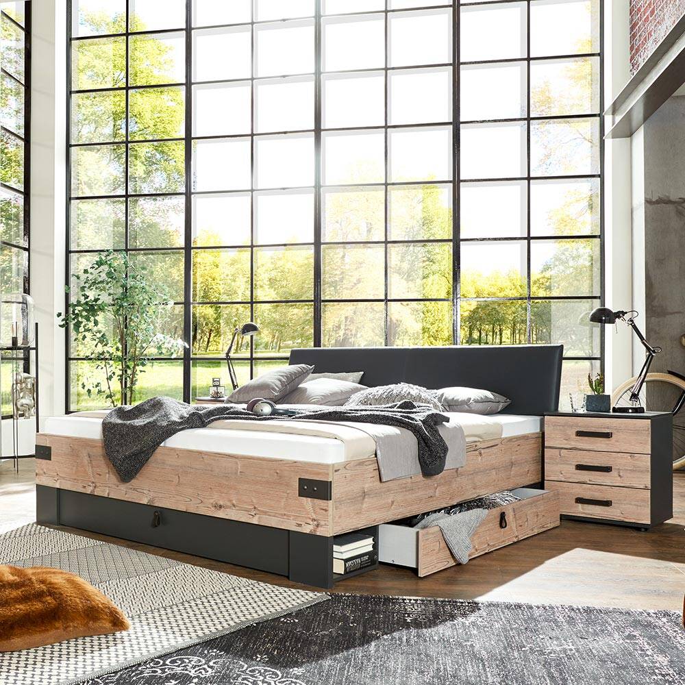 Schlafzimmer Set Industrial Look 180x200cm LIegefläche graphit mit Fichte S günstig online kaufen
