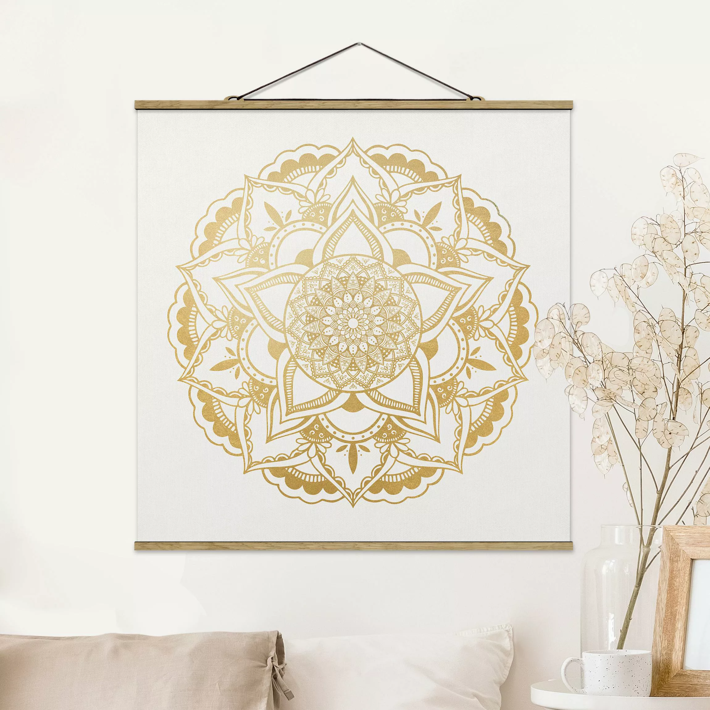 Stoffbild Mandala mit Posterleisten - Quadrat Mandala Blume gold weiß günstig online kaufen