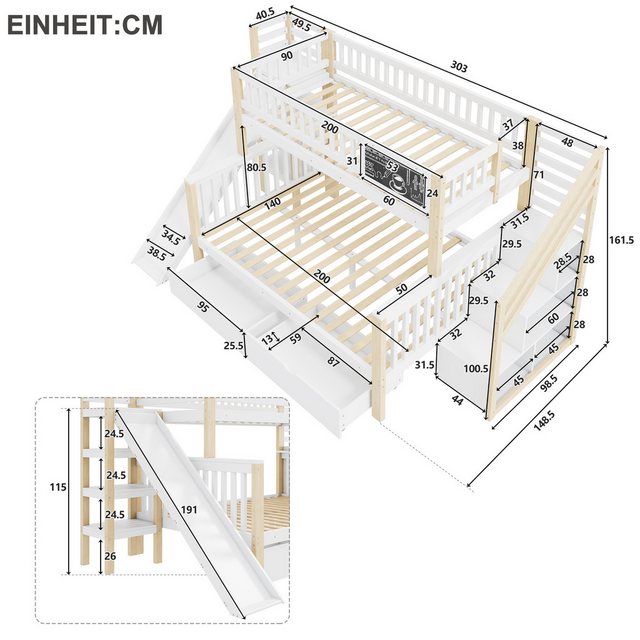 Flieks Etagenbett, Kinderbett 90x200cm+140x200cm mit Tafel, 2 Schubladen, R günstig online kaufen