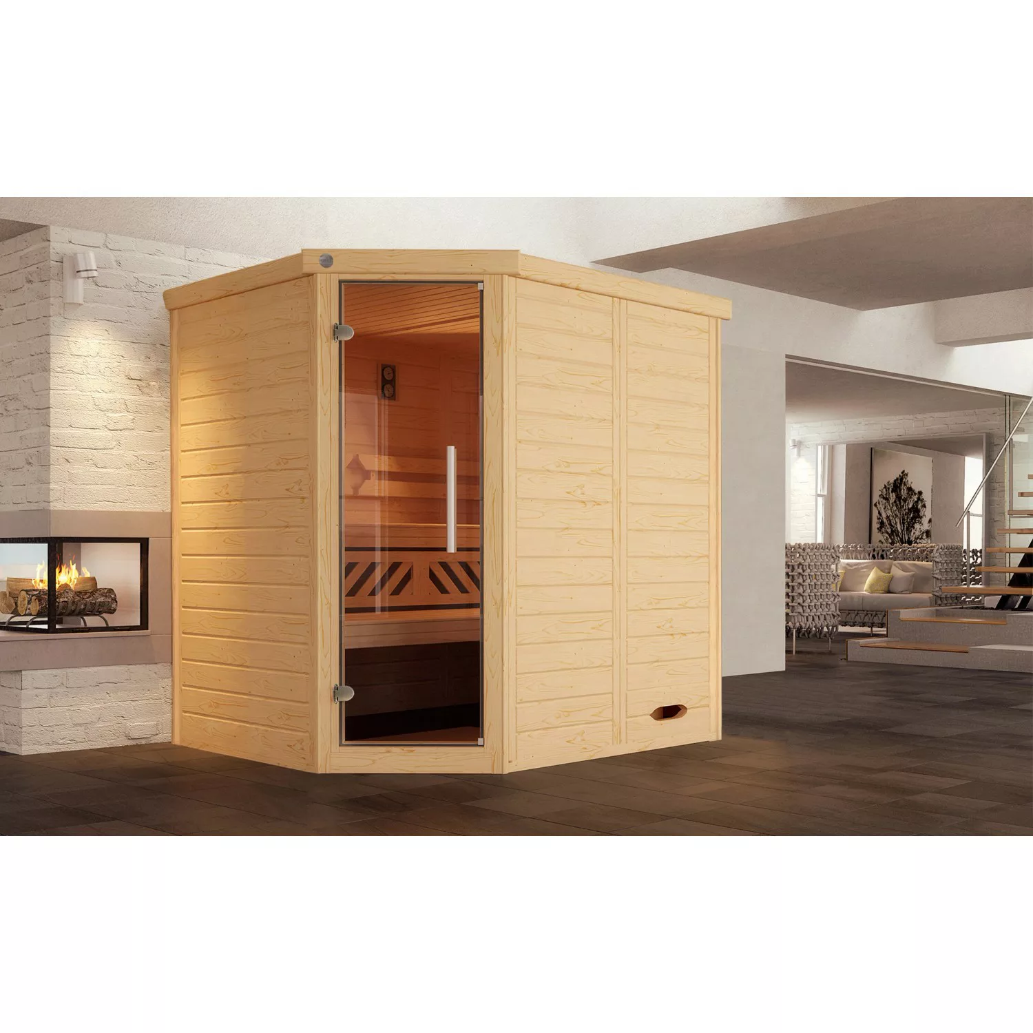 Weka Massivholzelementsauna Kemi Eck Sparset 4,5 kW BioS Glastür günstig online kaufen