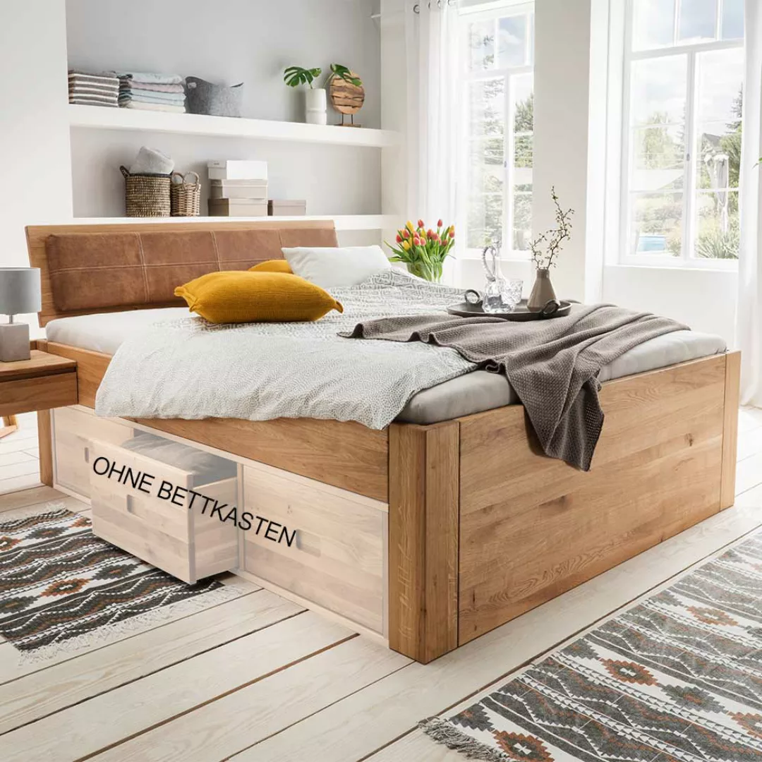 Bett mit Polsterkopfteil aus Wildeiche Massivholz 56 cm Einstiegshöhe günstig online kaufen