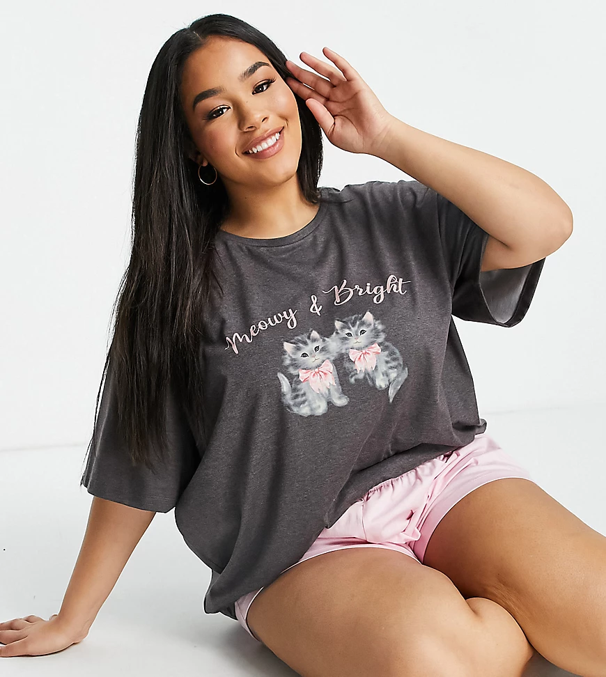 ASOS DESIGN Curve – Pyjama-Set in Grau & Rosa mit T-Shirt mit weihnachtlich günstig online kaufen