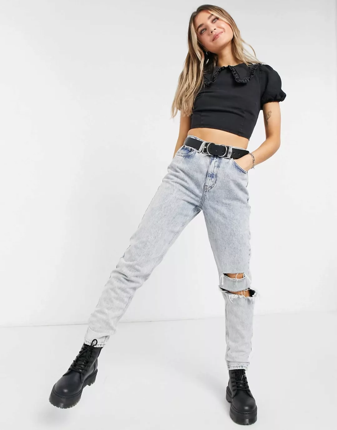 ASOS DESIGN – Weiches Jeans-Oberteil aus Bio-Baumwollmix in verwaschenem Sc günstig online kaufen