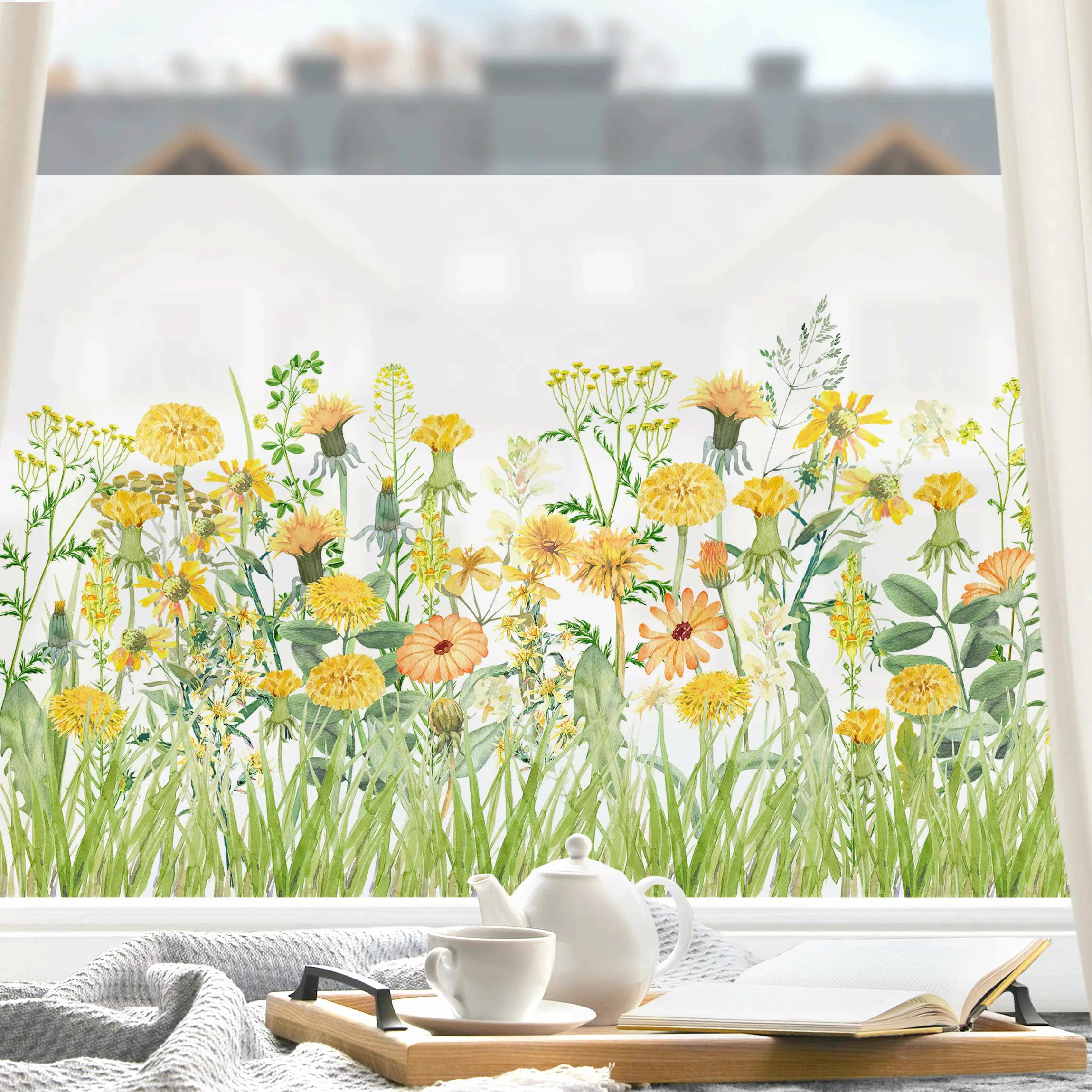 Fensterfolie Aquarellierte Blumenwiese in Gelb günstig online kaufen