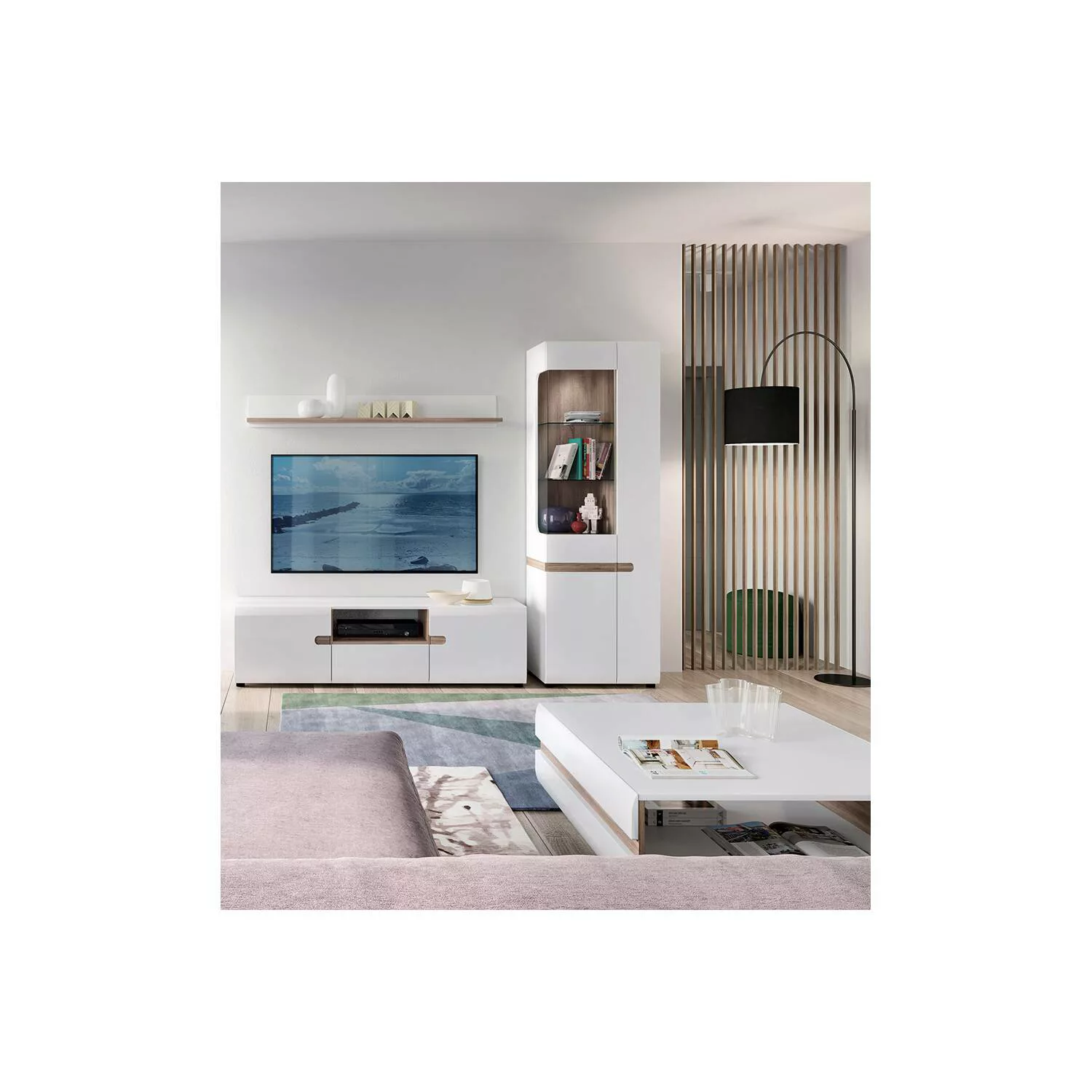 Wohnzimmer Möbel Set mit Beleuchtung in modernem Design, weiß Hochglanz mit günstig online kaufen