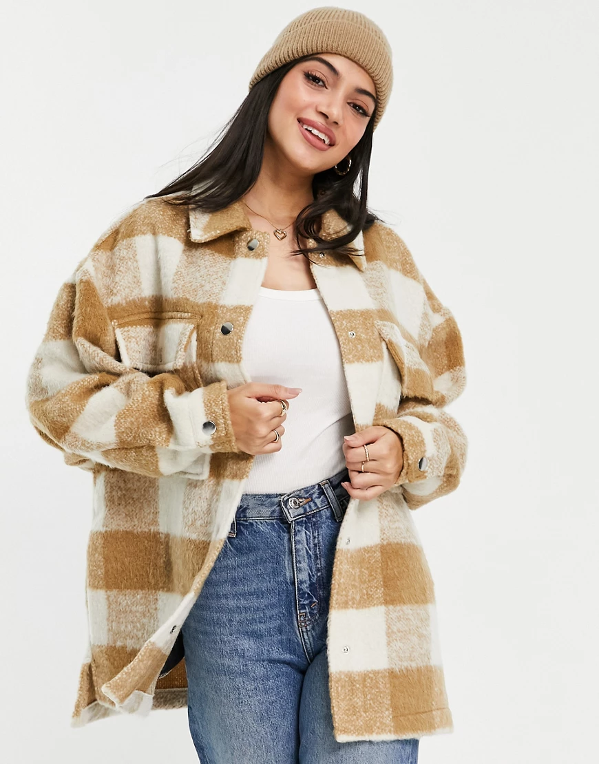 Pimkie – Gebürstete Oversize-Hemdjacke in braun kariert günstig online kaufen