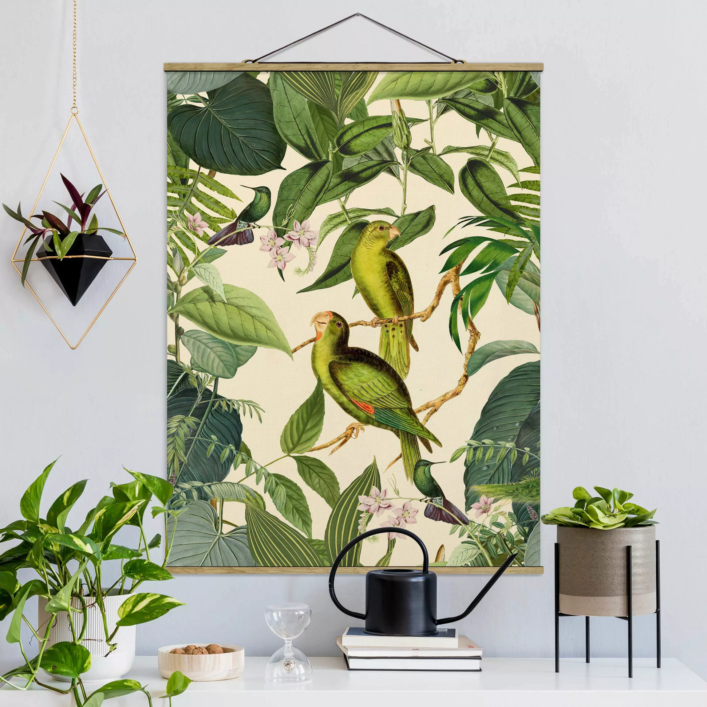 Stoffbild Blumen mit Posterleisten - Hochformat Vintage Collage - Papageien günstig online kaufen
