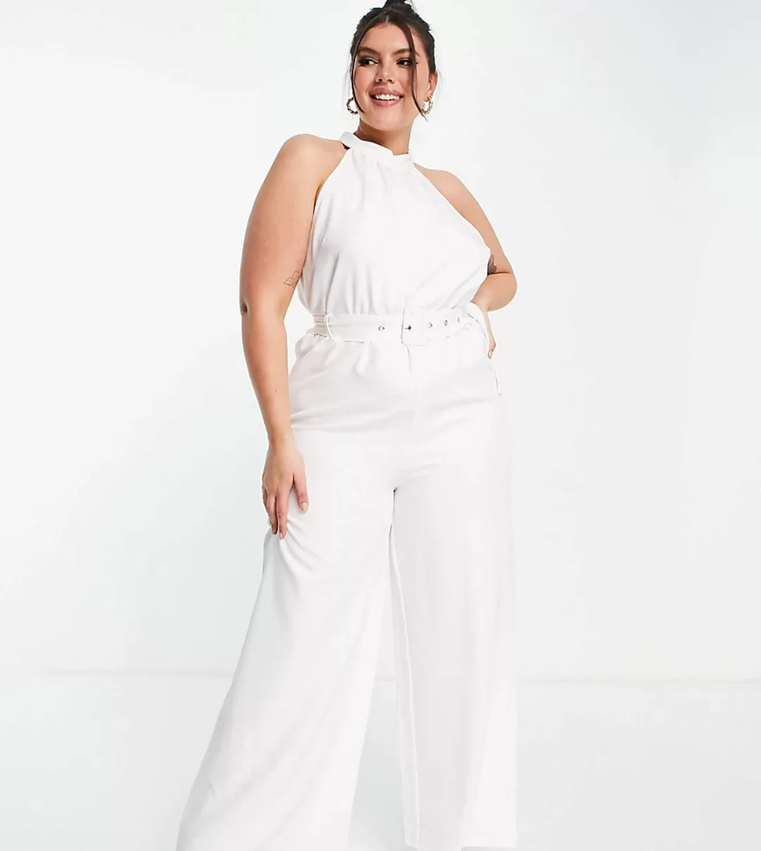 In The Style Plus x Billie Faiers – Weißer Jumpsuit mit weitem Bein und Kra günstig online kaufen