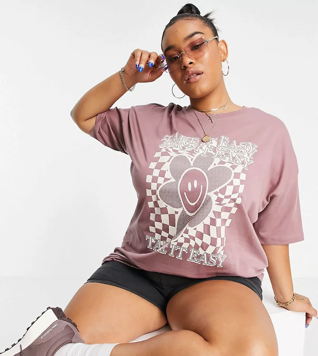 ASOS DESIGN Curve – Oversize-T-Shirt mit „Take it Easy“-Print in Braun günstig online kaufen