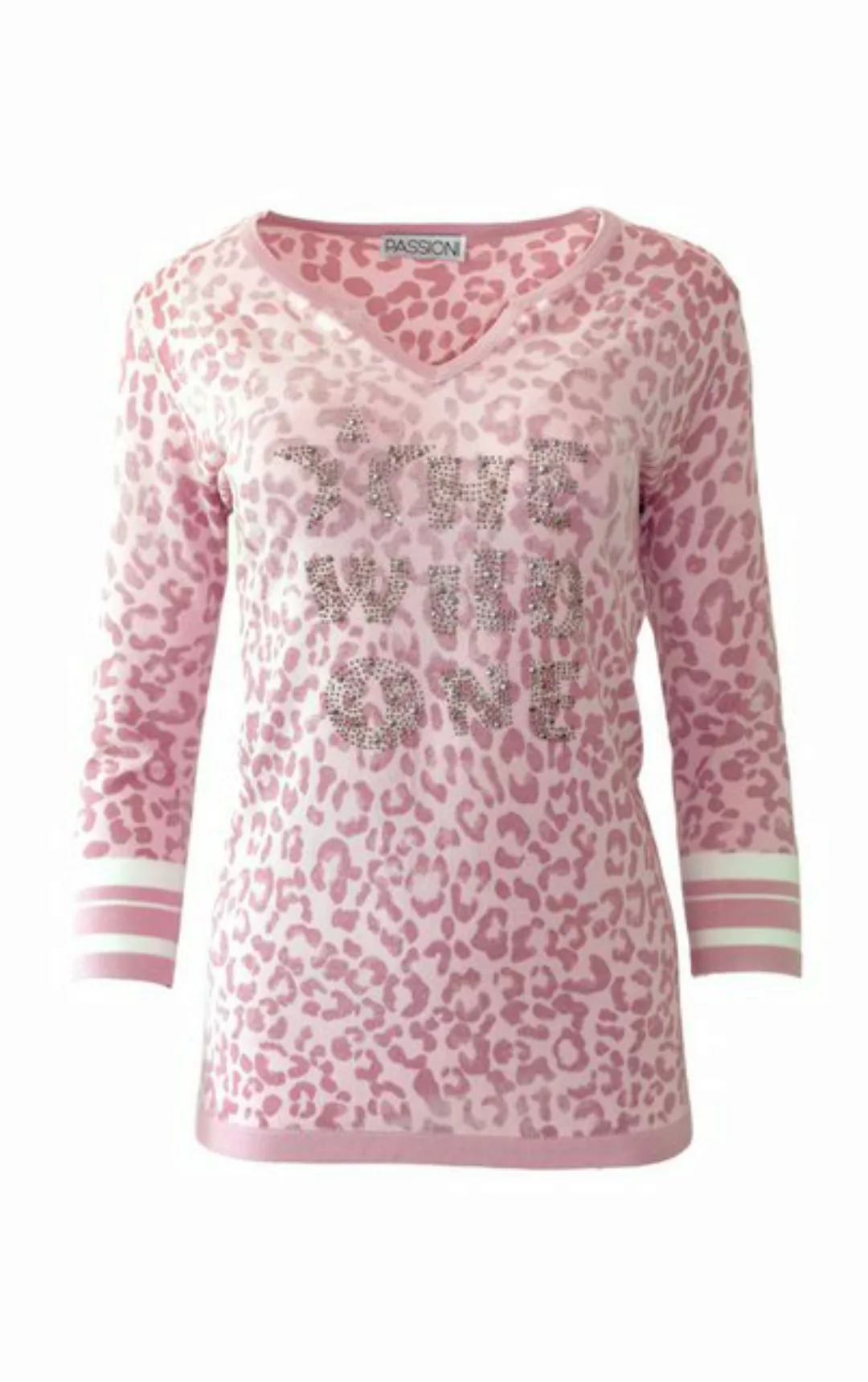 Passioni 3/4 Arm-Pullover mit Leopardenprint in rosa Splitneck, Leo- Print, günstig online kaufen