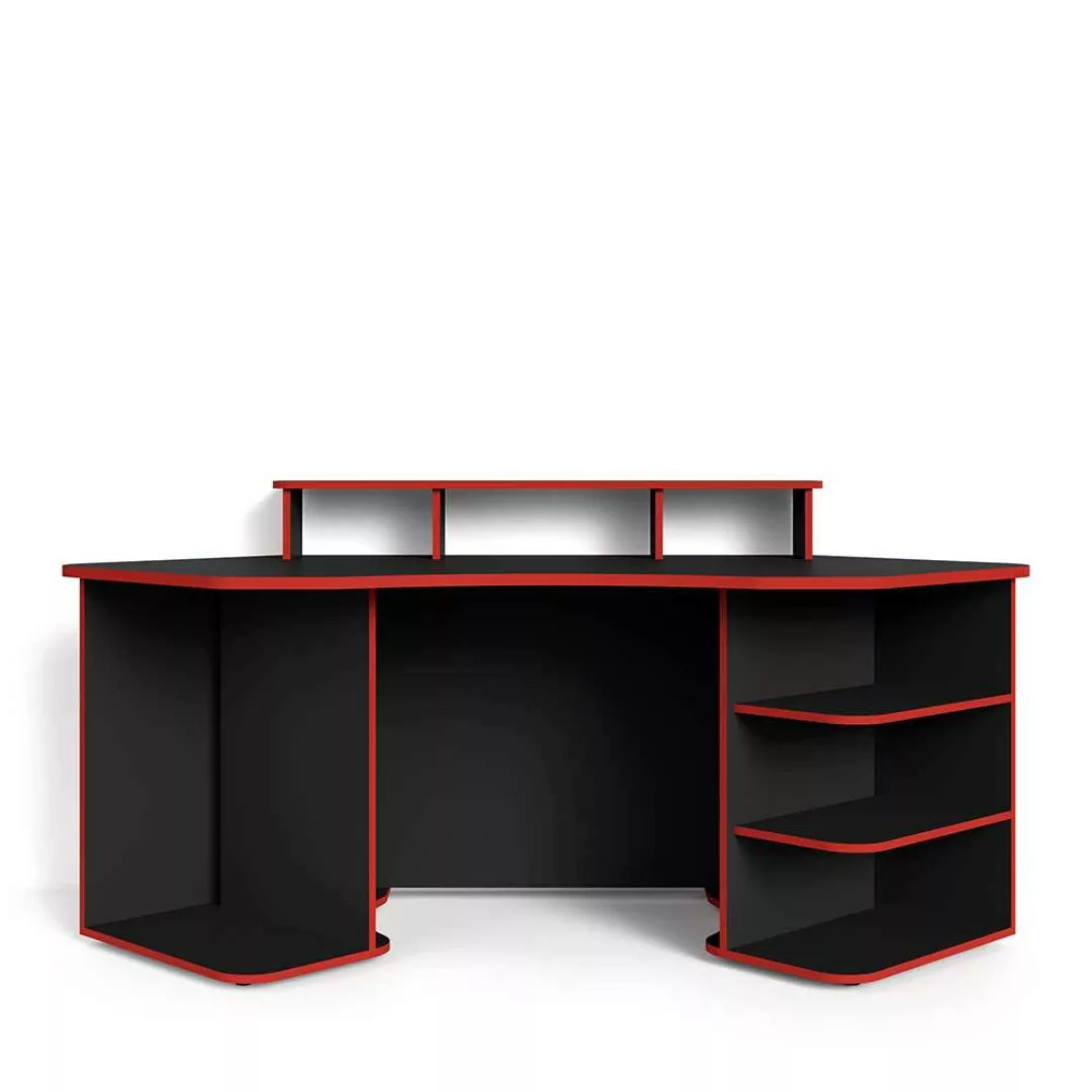 Gamer Schreibtisch in Schwarz und Rot halbrunder Tischplatte günstig online kaufen