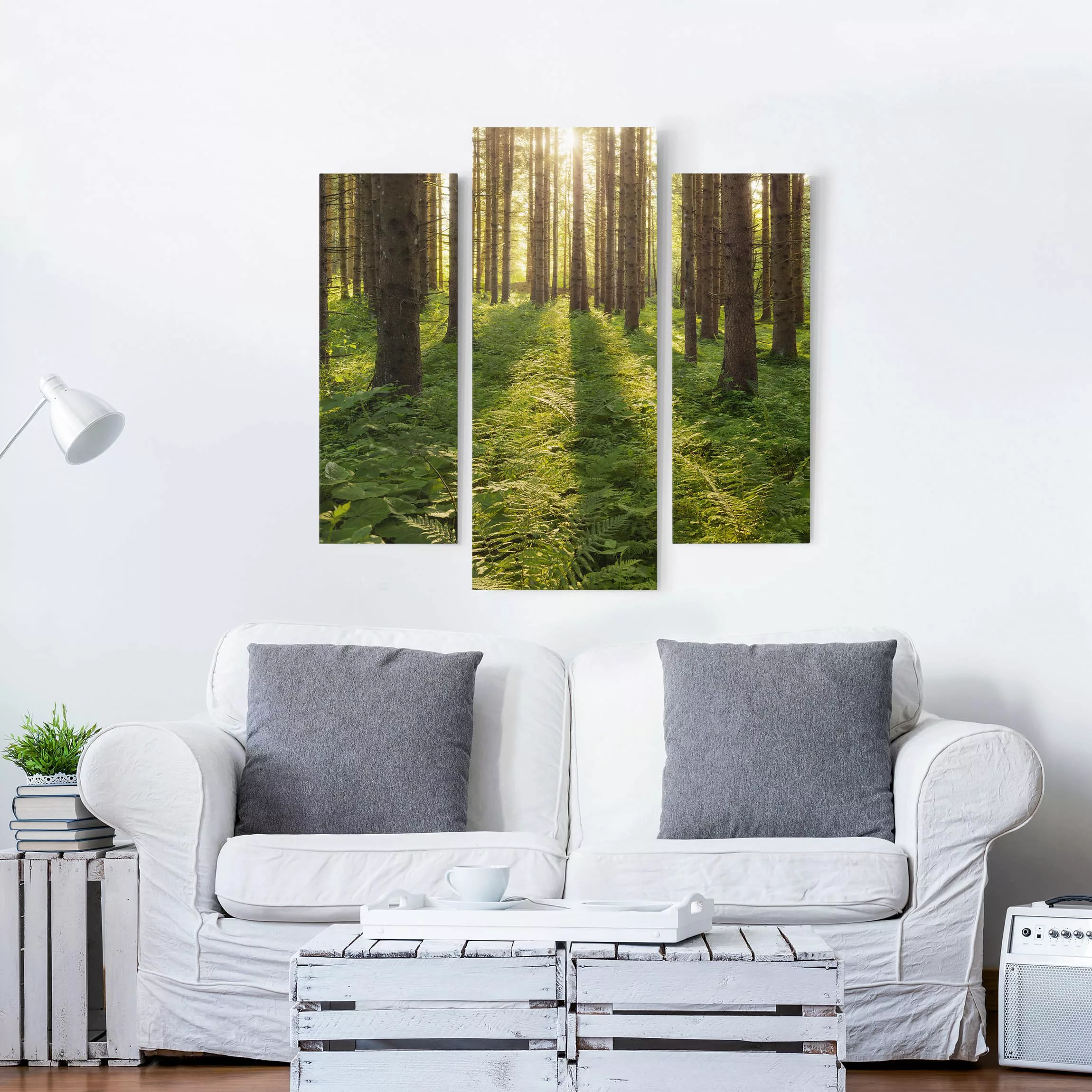 3-teiliges Leinwandbild Wald - Querformat Sonnenstrahlen in grünem Wald günstig online kaufen