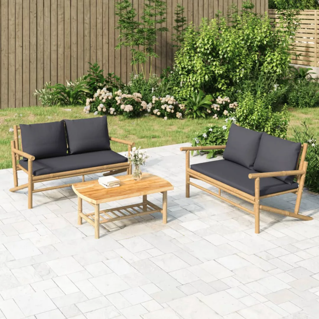 Vidaxl 3-tlg. Garten-lounge-set Mit Dunkelgrauen Kissen Bambus günstig online kaufen