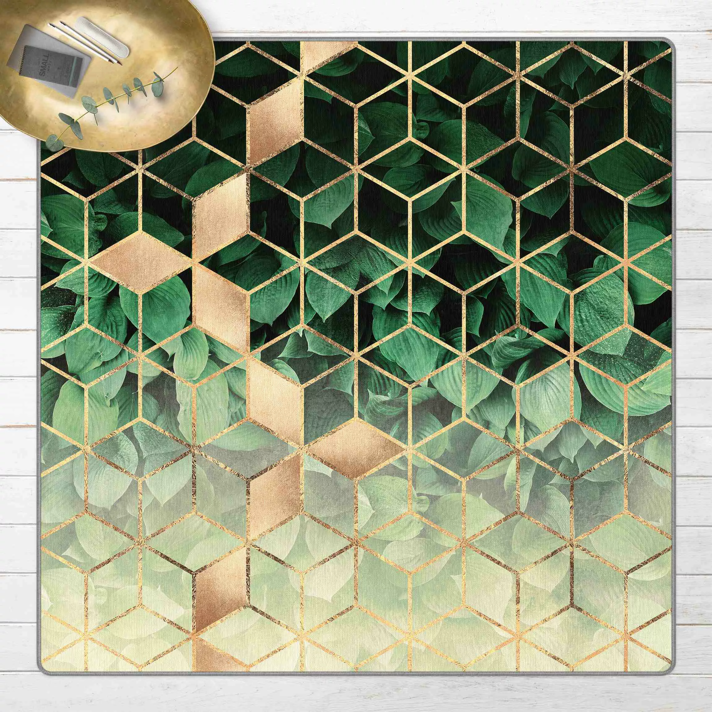 Teppich Grüne Blätter goldene Geometrie günstig online kaufen