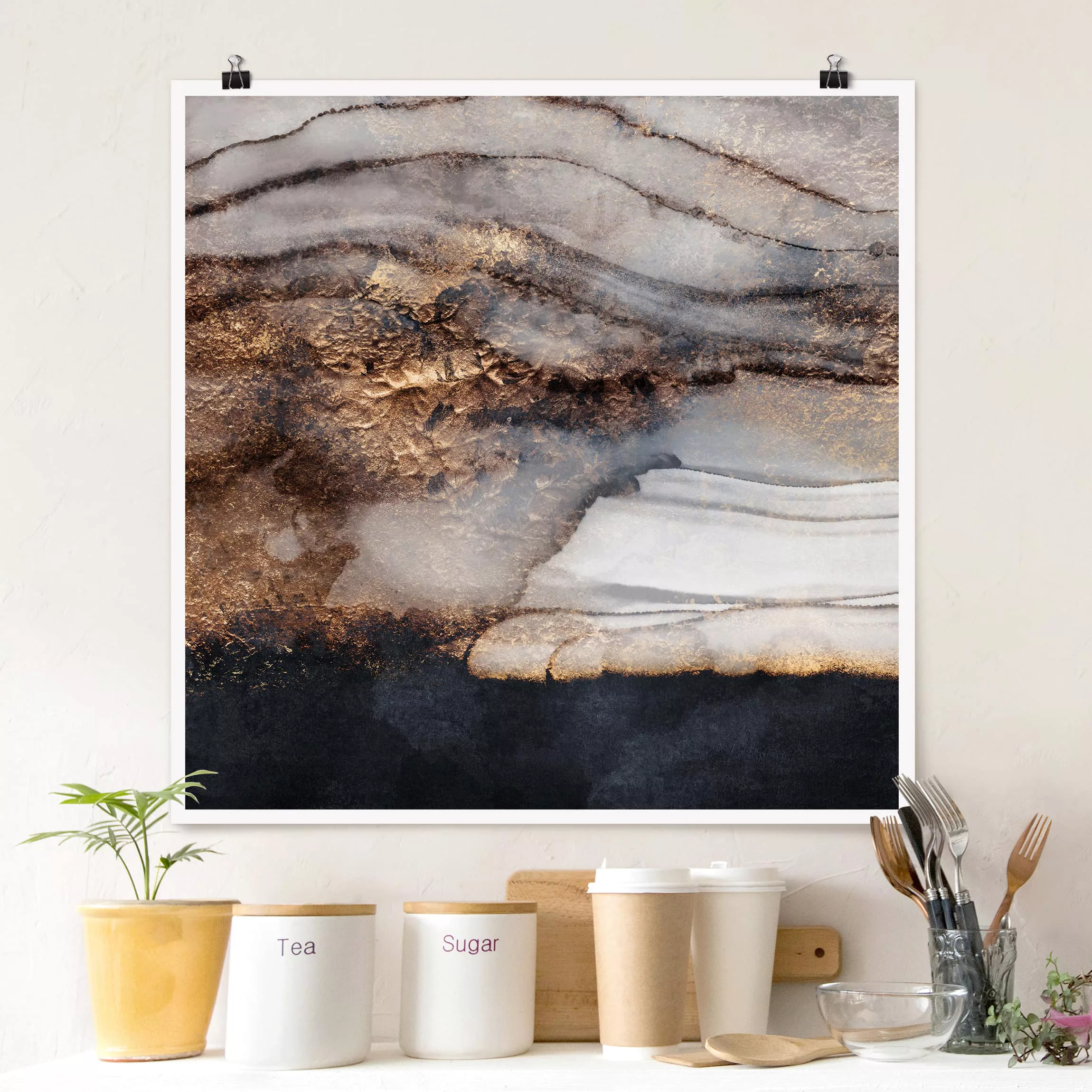 Poster Abstrakt - Quadrat Goldener Marmor gemalt günstig online kaufen
