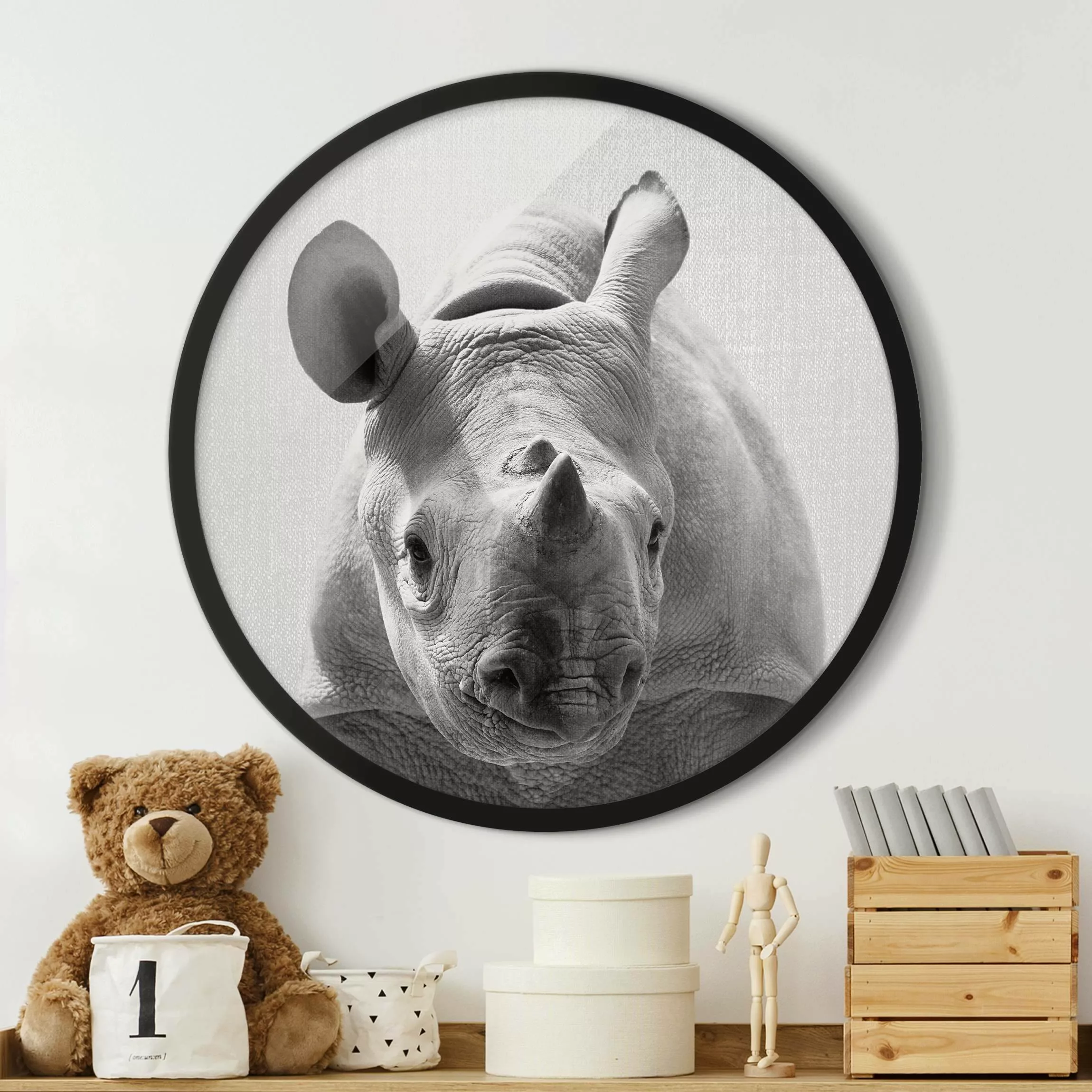 Rundes Gerahmtes Bild Baby Nashorn Nina Schwarz Weiß günstig online kaufen