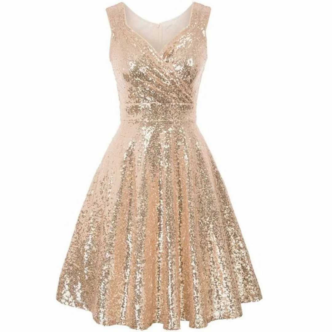 ZWY A-Linien-Kleid Plisseekleid mit V-Ausschnitt für Damen, goldfarben,glit günstig online kaufen