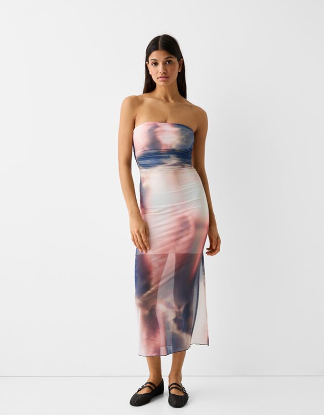 Bershka Bandeau-Midikleid Aus Tüll Mit Print Damen Xl Blau günstig online kaufen