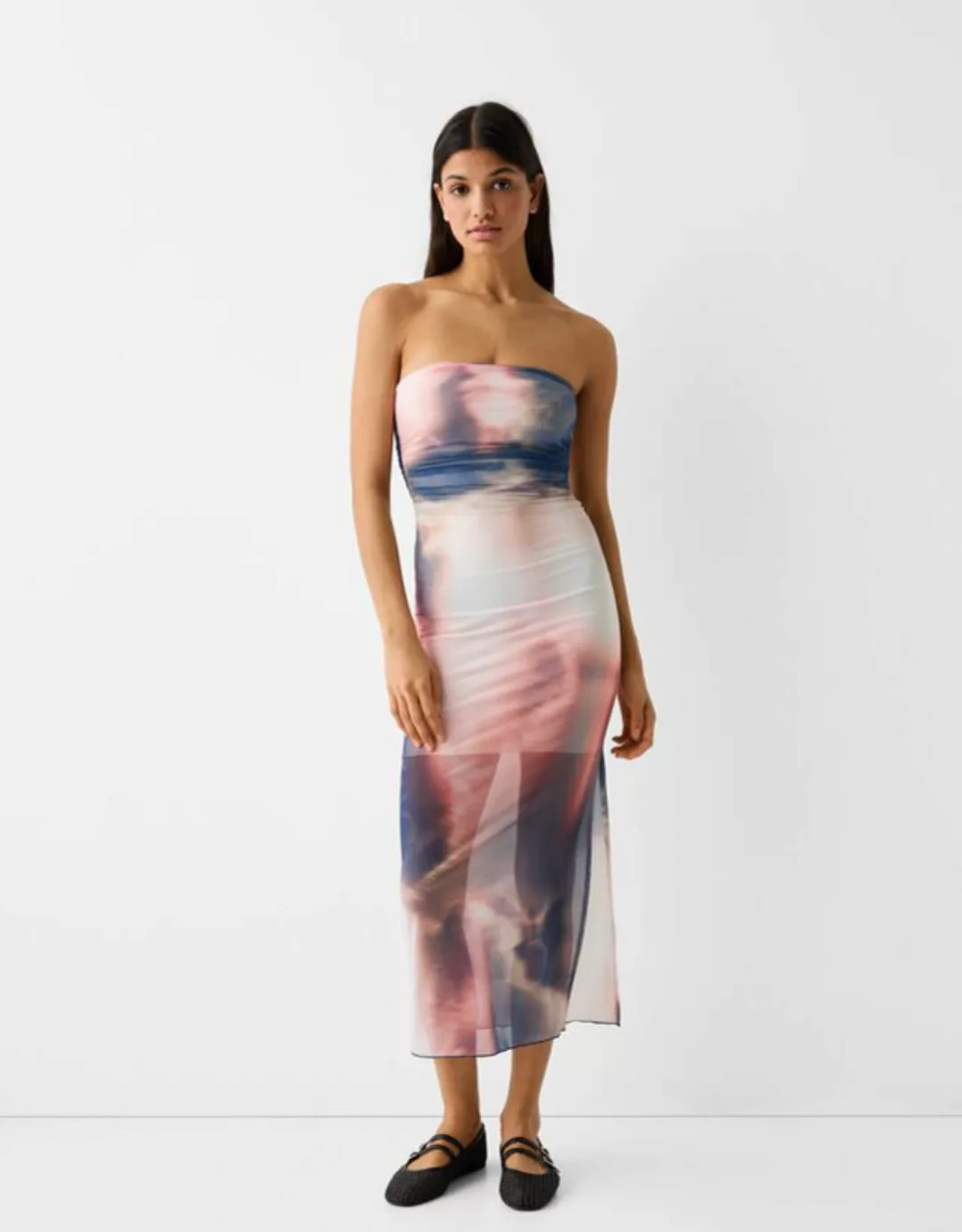 Bershka Bandeau-Midikleid Aus Tüll Mit Print Damen Xs Blau günstig online kaufen