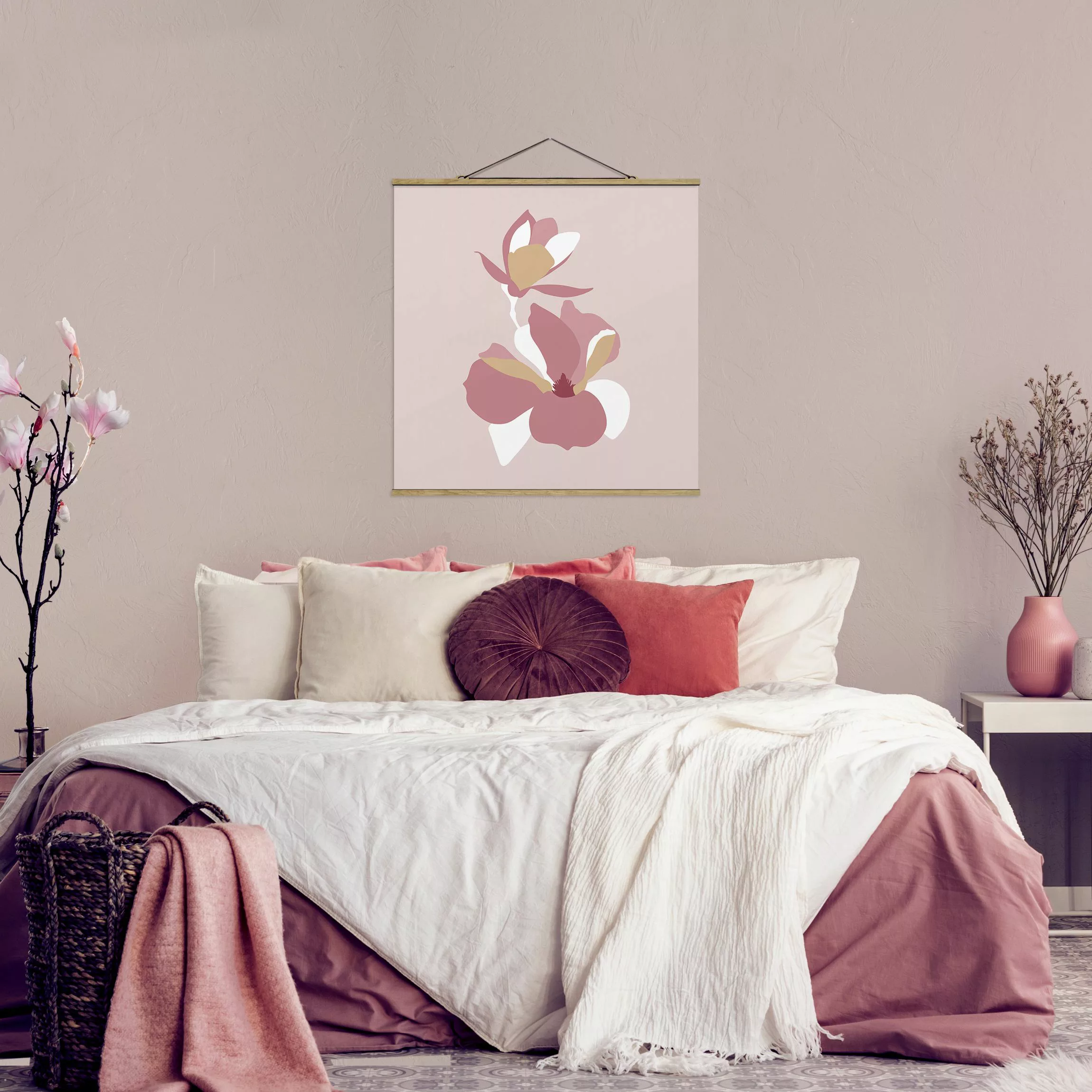 Stoffbild Blumen mit Posterleisten - Quadrat Line Art Blüten Pastell Rosa günstig online kaufen