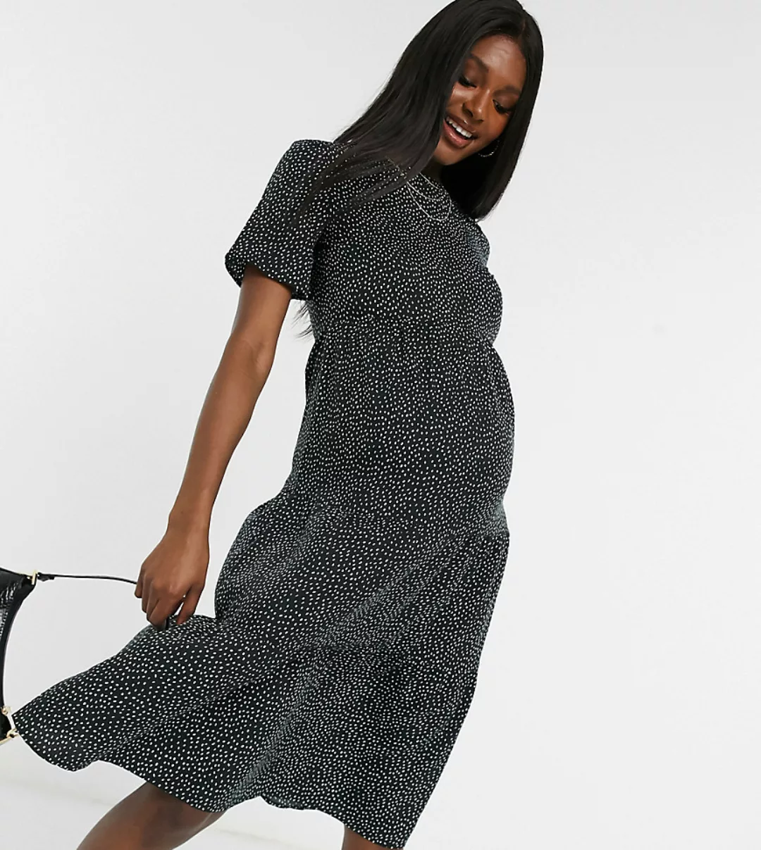 Influence Maternity – Schwarzes, gepunktetes Midi-Hängerkleid mit Raffdetai günstig online kaufen