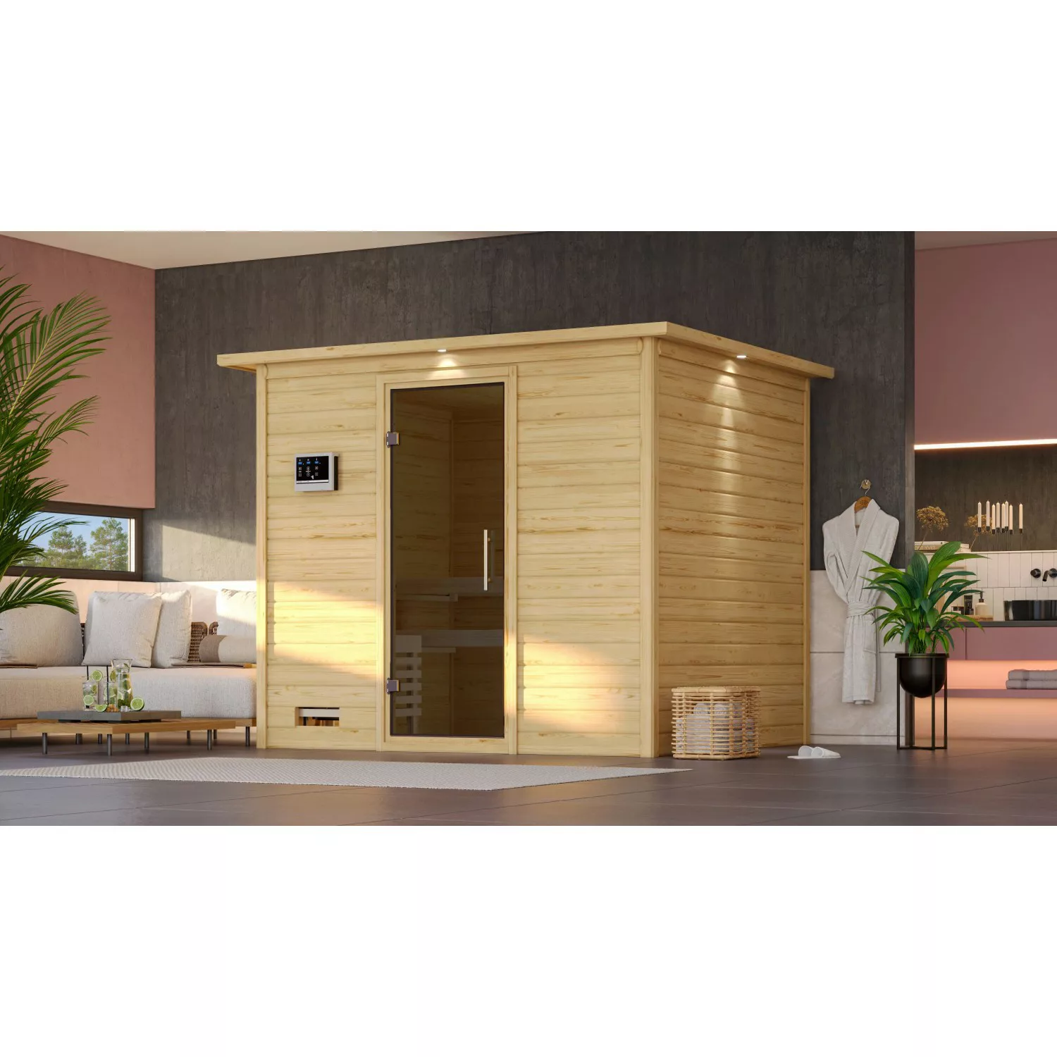 Karibu Sauna Sarina mit Ofen externe Stg.LED-Dachkranz Grap Natur günstig online kaufen